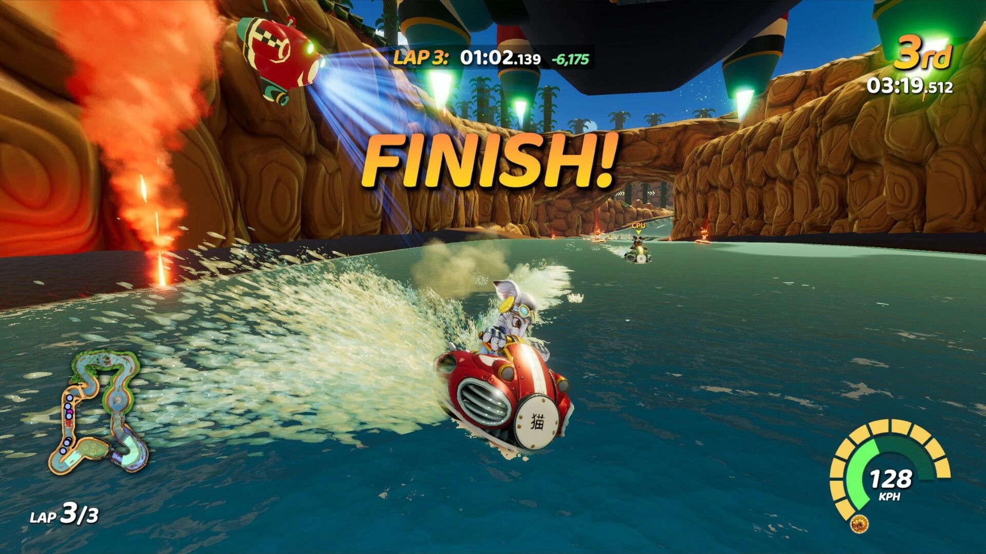 Tidal Rush: HydroSpeeder race finish line with player in third place, canyon setting with speedometer visible