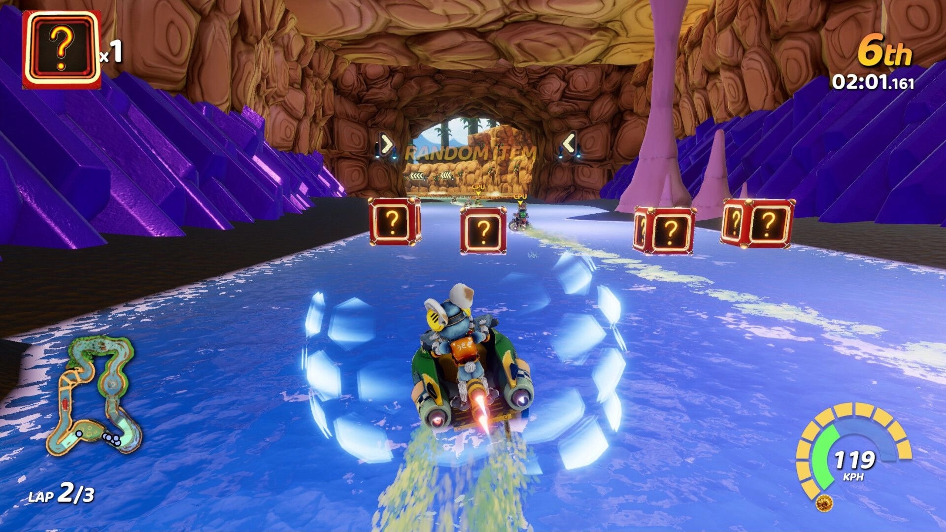 Tidal Rush: Racer on HydroSpeeder navigating water tunnel with item boxes and speedometer UI