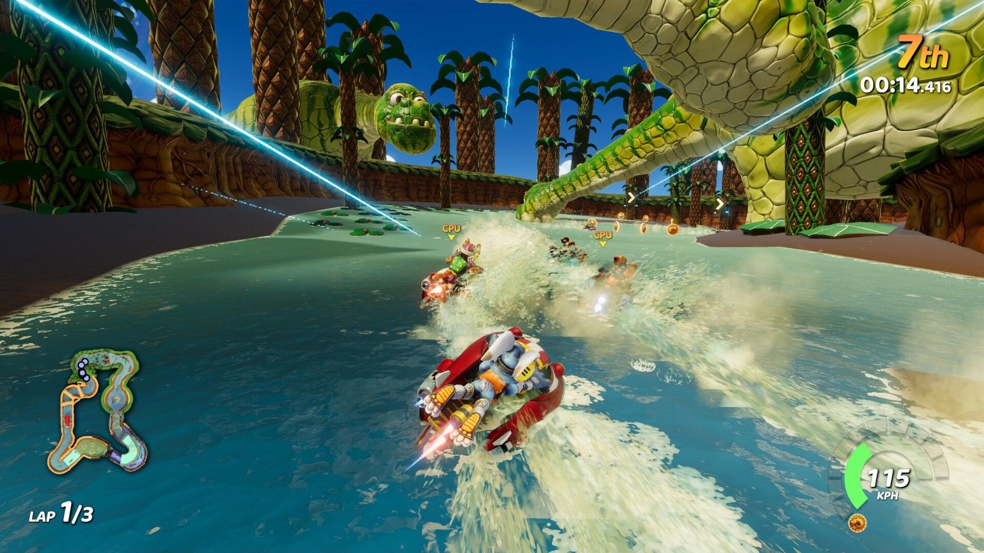 Tidal Rush: Racing HydroSpeeders dodge giant snake in tropical river setting with speedometer displayed