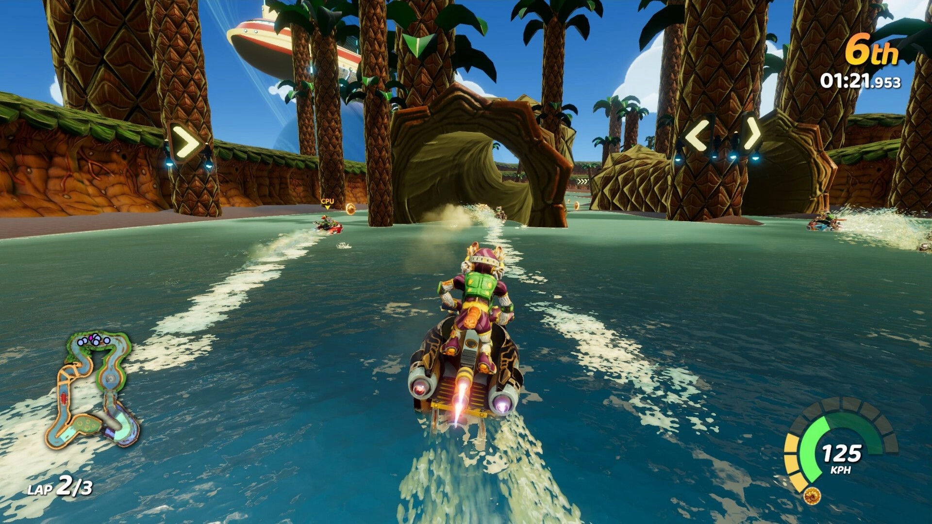 Tidal Rush: Racing on HydroSpeeder through palm tree tunnel with speedometer and lap info displayed