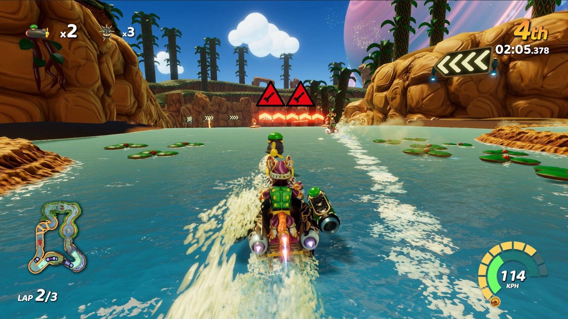 Tidal Rush: Player races HydroSpeeder through canyon, 4th place, HUD shows speed, lap, and items
