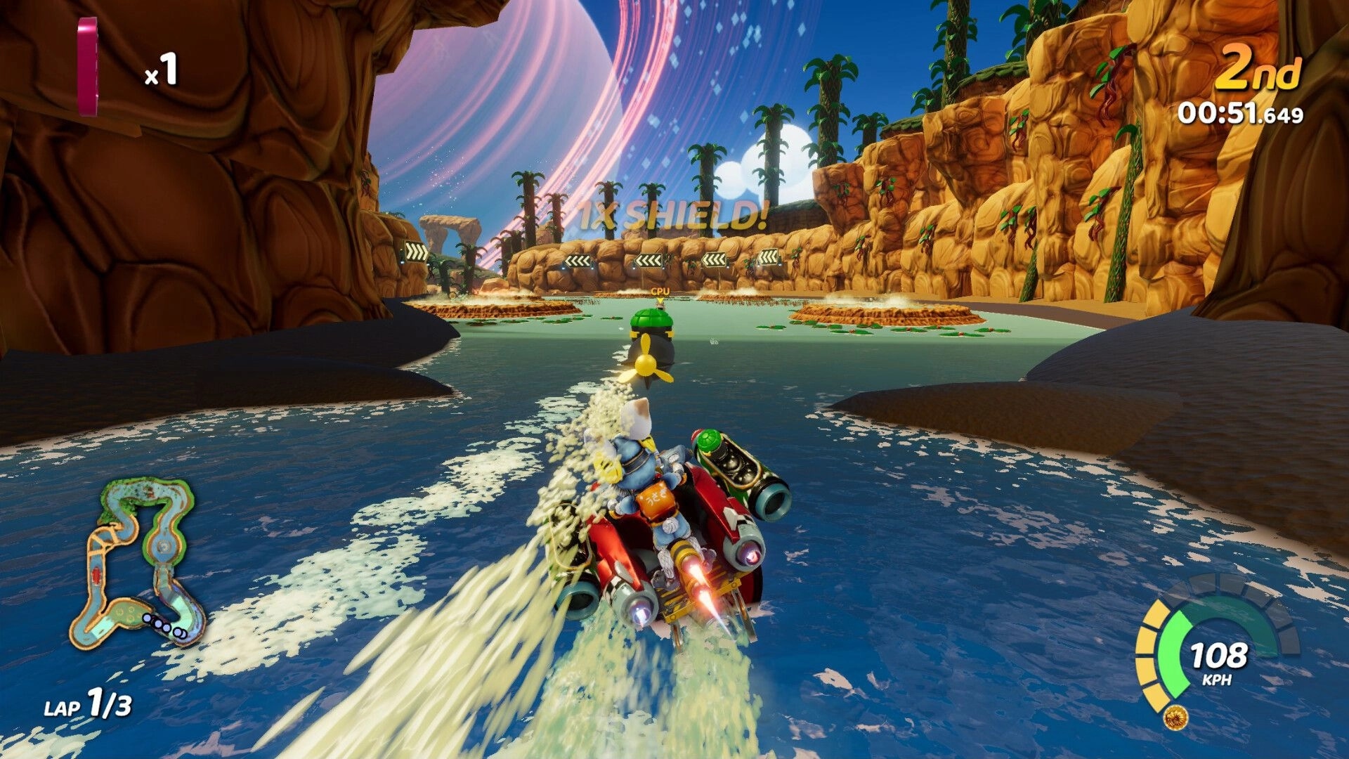 Tidal Rush: Racing on HydroSpeeder in canyon with speedometer and minimap, player in second place.