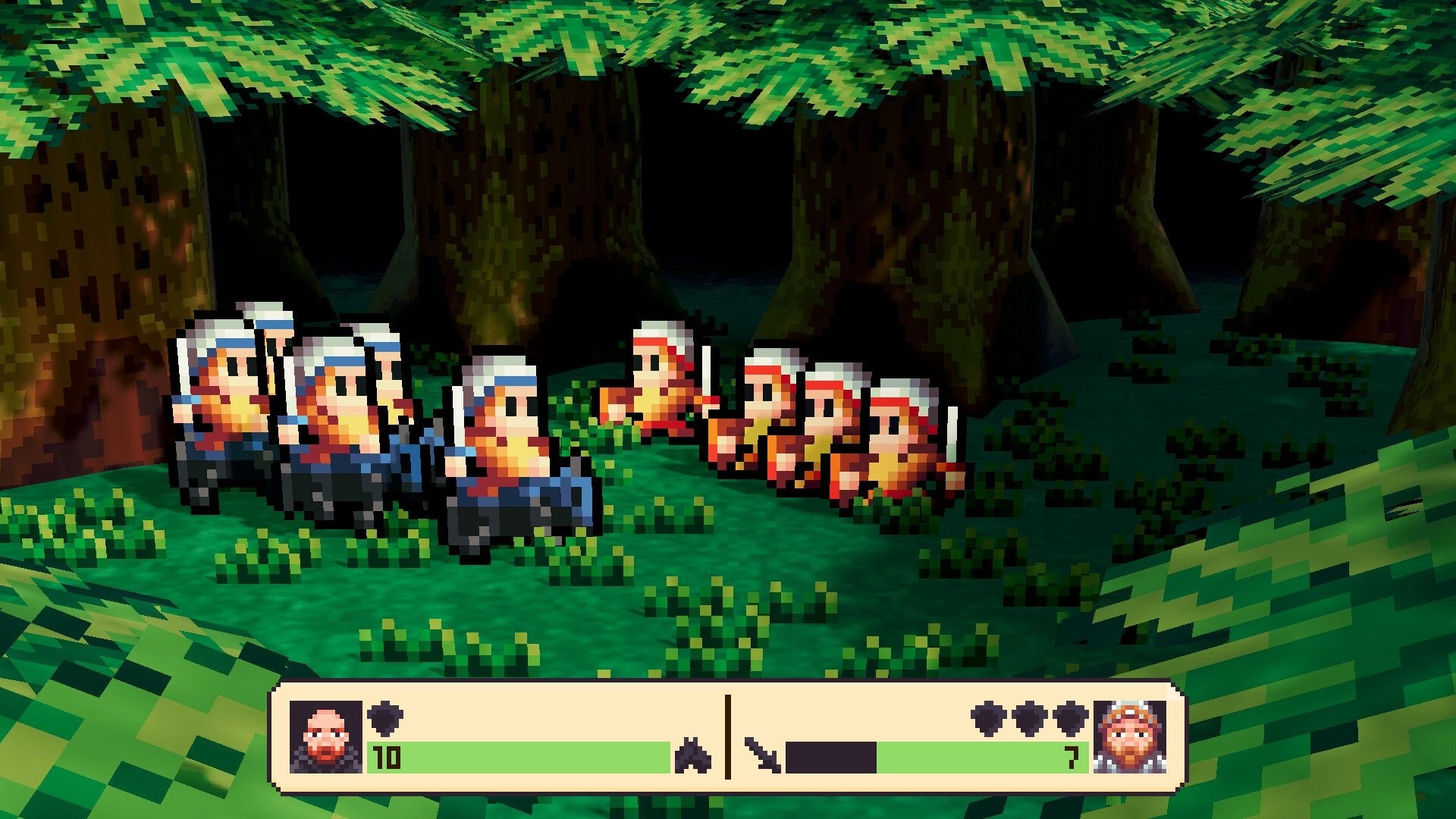 Tide Of Tactics: Two squads face off in a forest clearing with health bars and unit icons below.