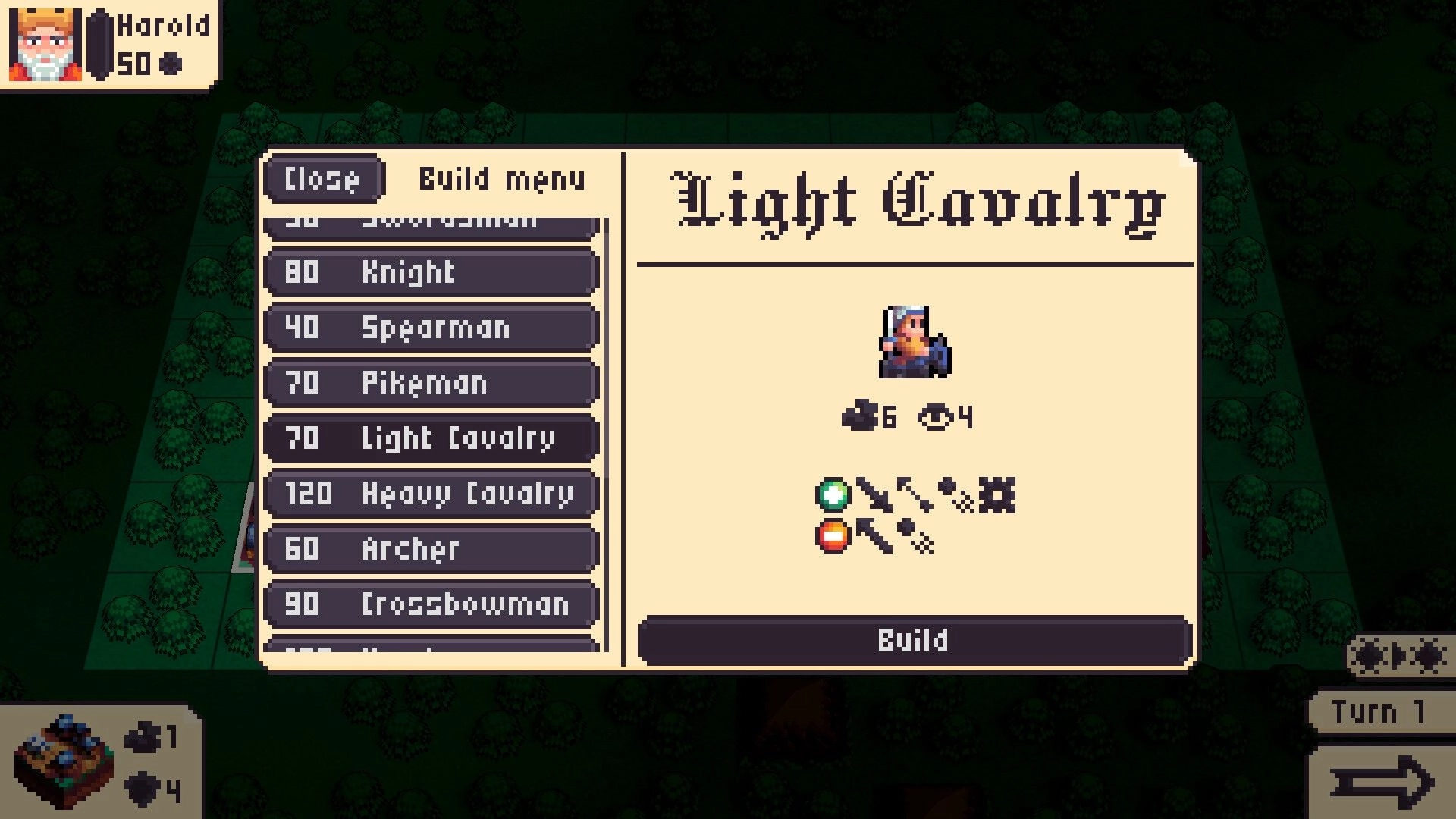 Tide Of Tactics: Build menu selecting Light Cavalry unit on a forested grid battlefield UI.
