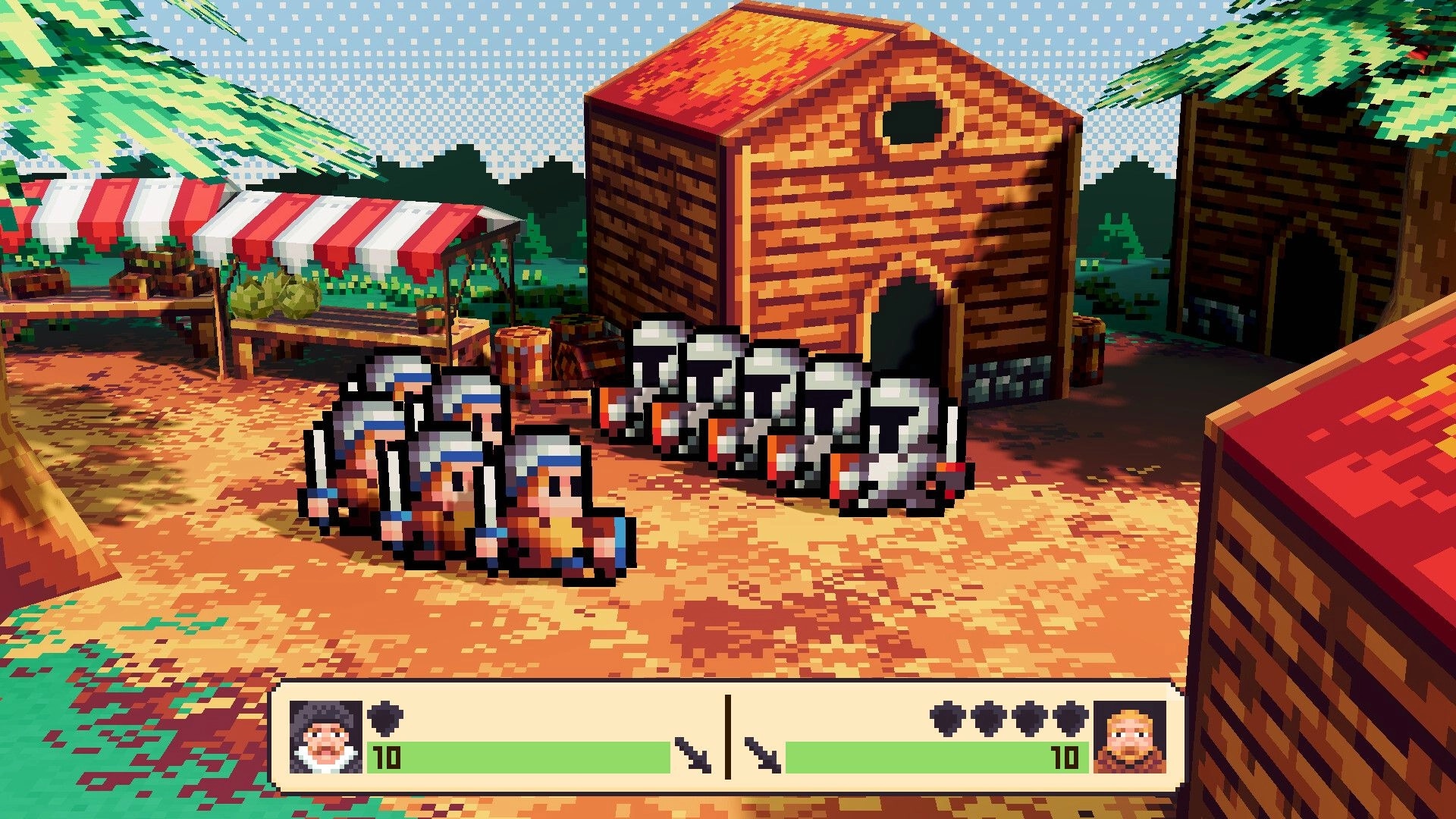 Tide Of Tactics: Two squads face off in a village market square with health bars at bottom UI.