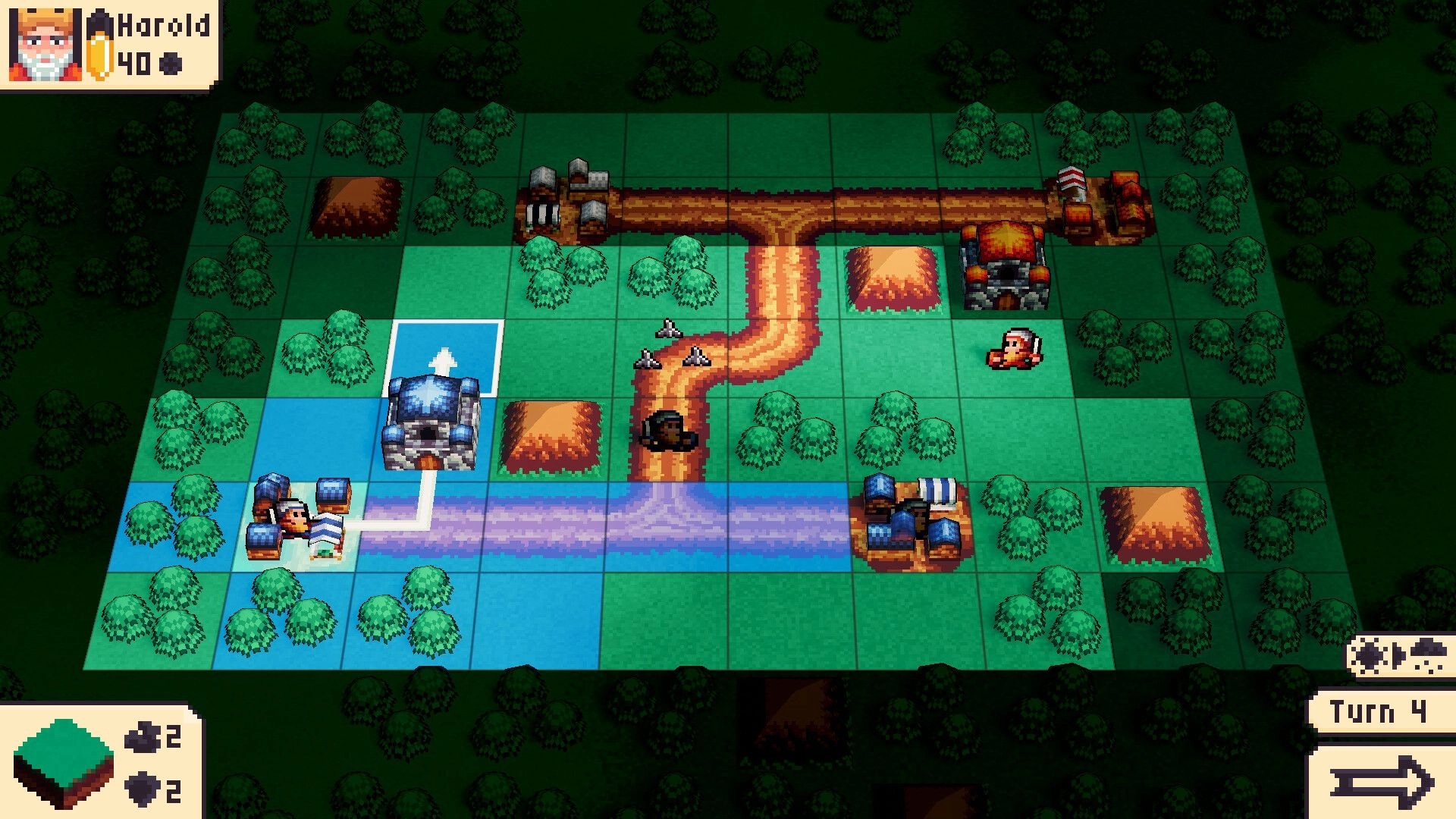 Tide Of Tactics: Harold's turn with blue unit path highlighted on forest grid map with villages.