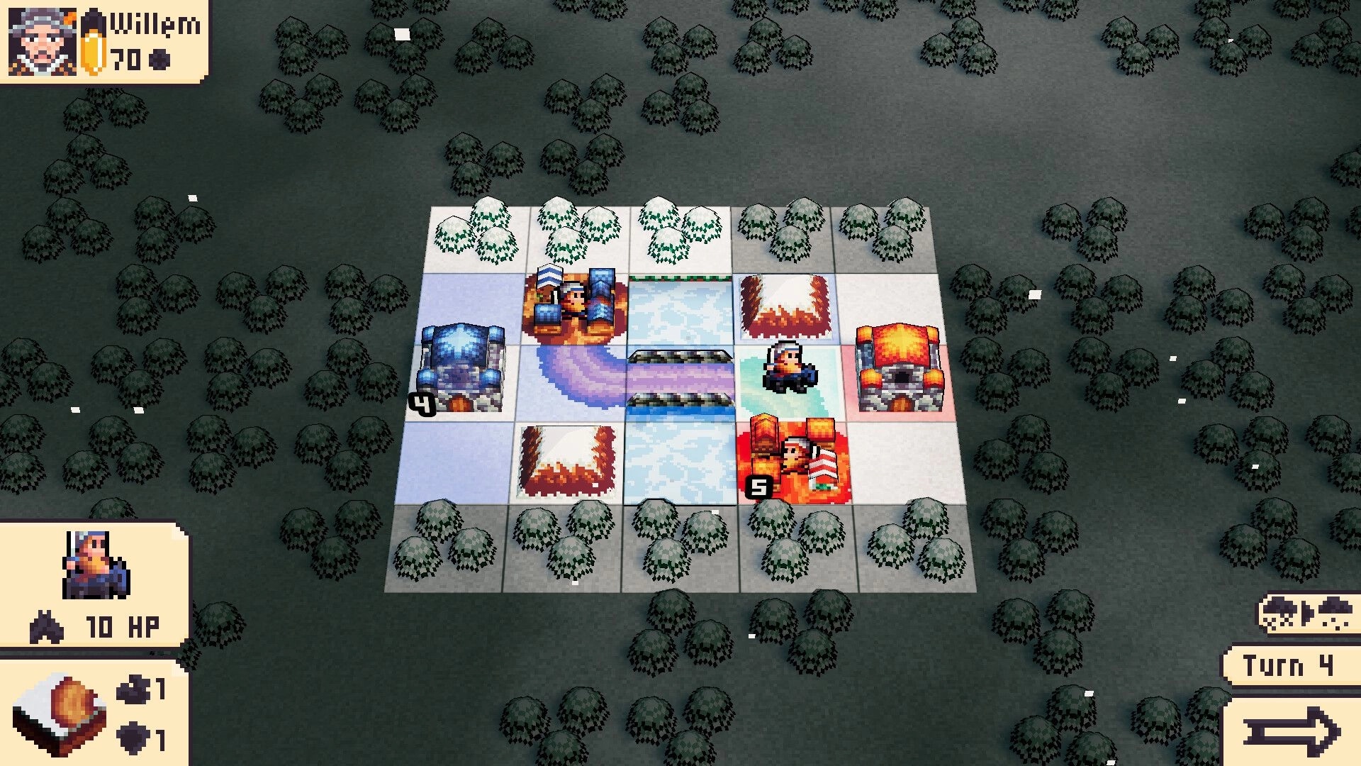 Tide Of Tactics: Willem commands units on snowy grid with bases, rivers, and Turn 4 UI visible.