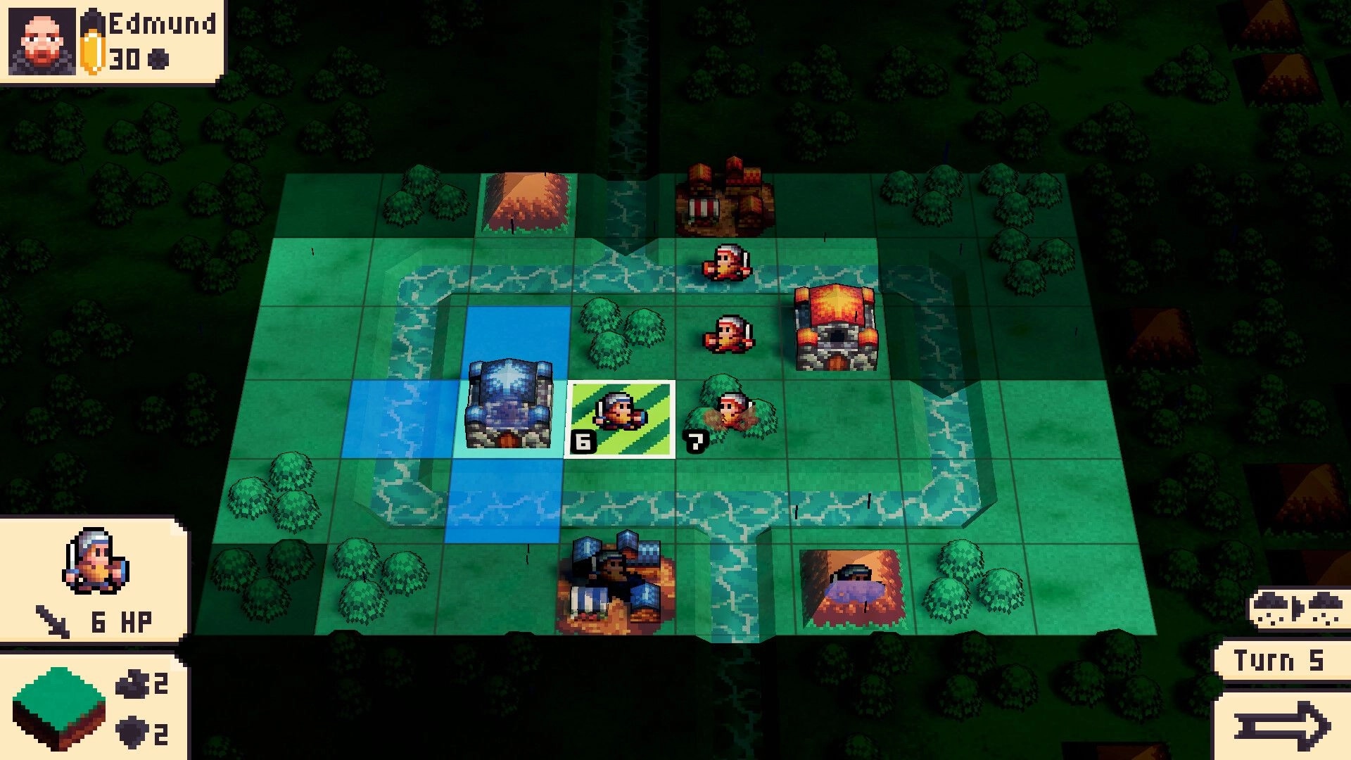 Tide Of Tactics: Edmund selected on river grid map with units and buildings, movement tiles, Turn 5 UI.