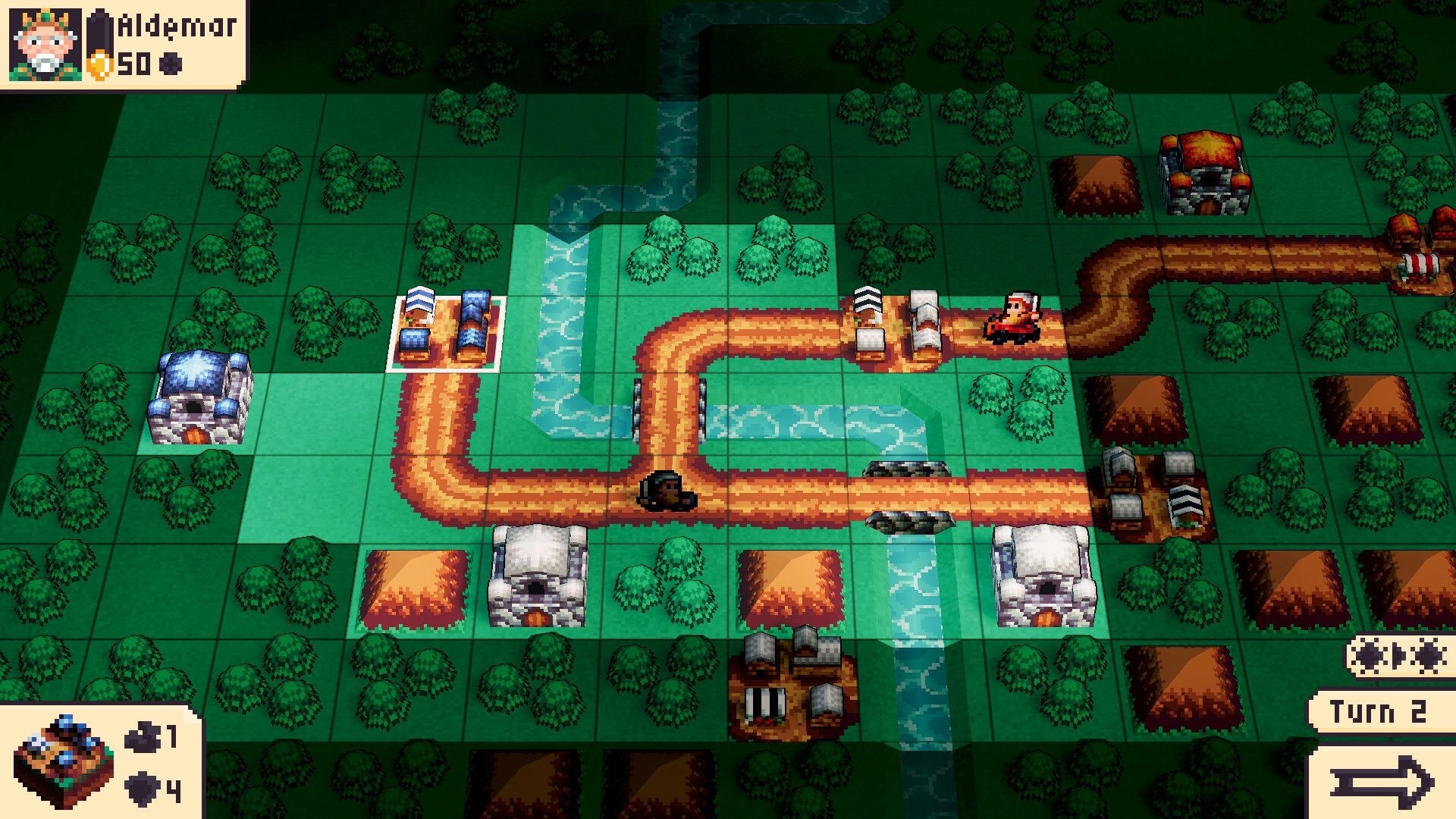 Tide Of Tactics: Grid map with roads, rivers, and units near villages, HUD shows Aldemor, Turn 2.
