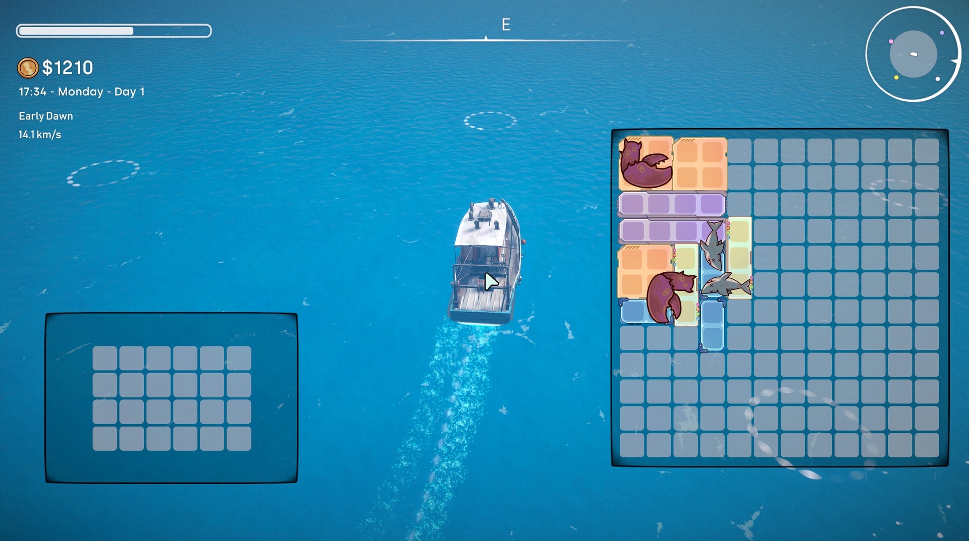 Tidebound: Fishing boat sailing with inventory grid displaying crabs and fish on open ocean