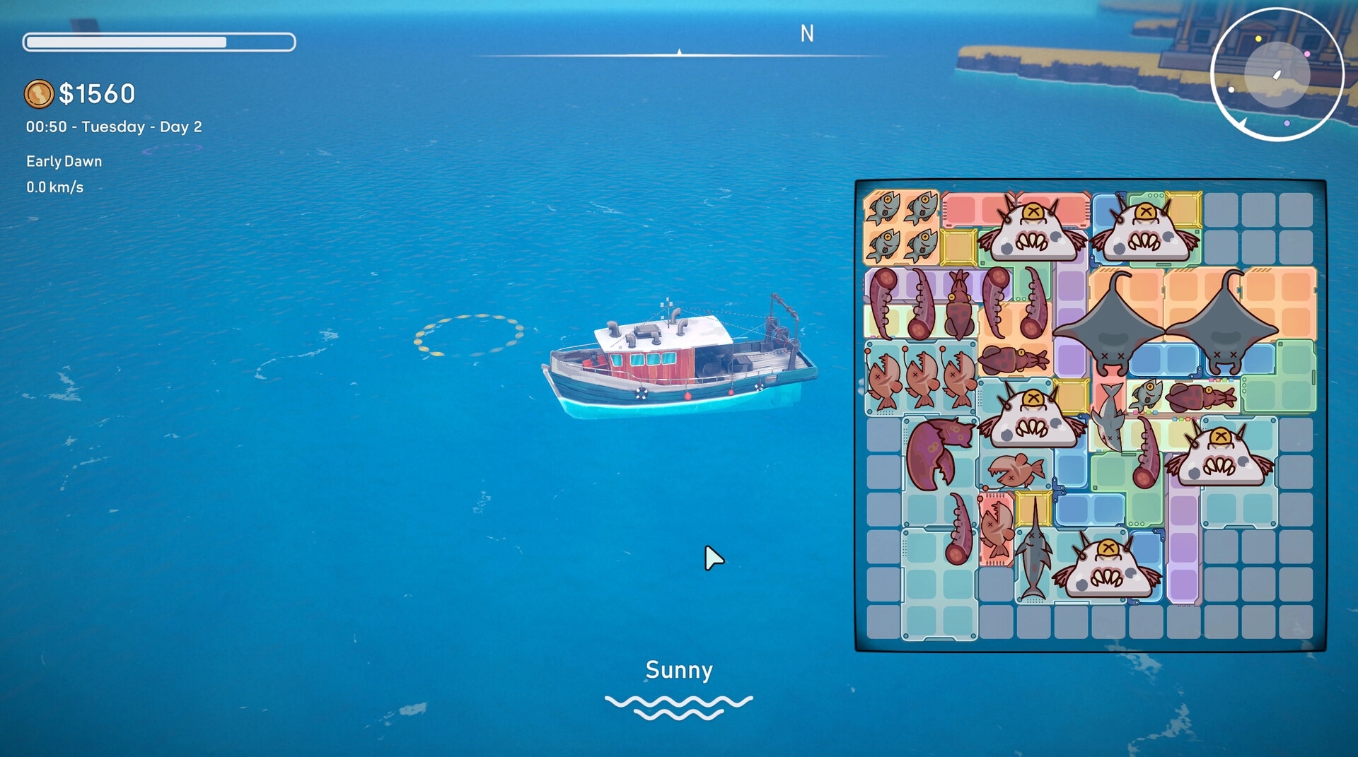 Tidebound: Fishing boat on open sea with inventory menu showing various fish and equipment