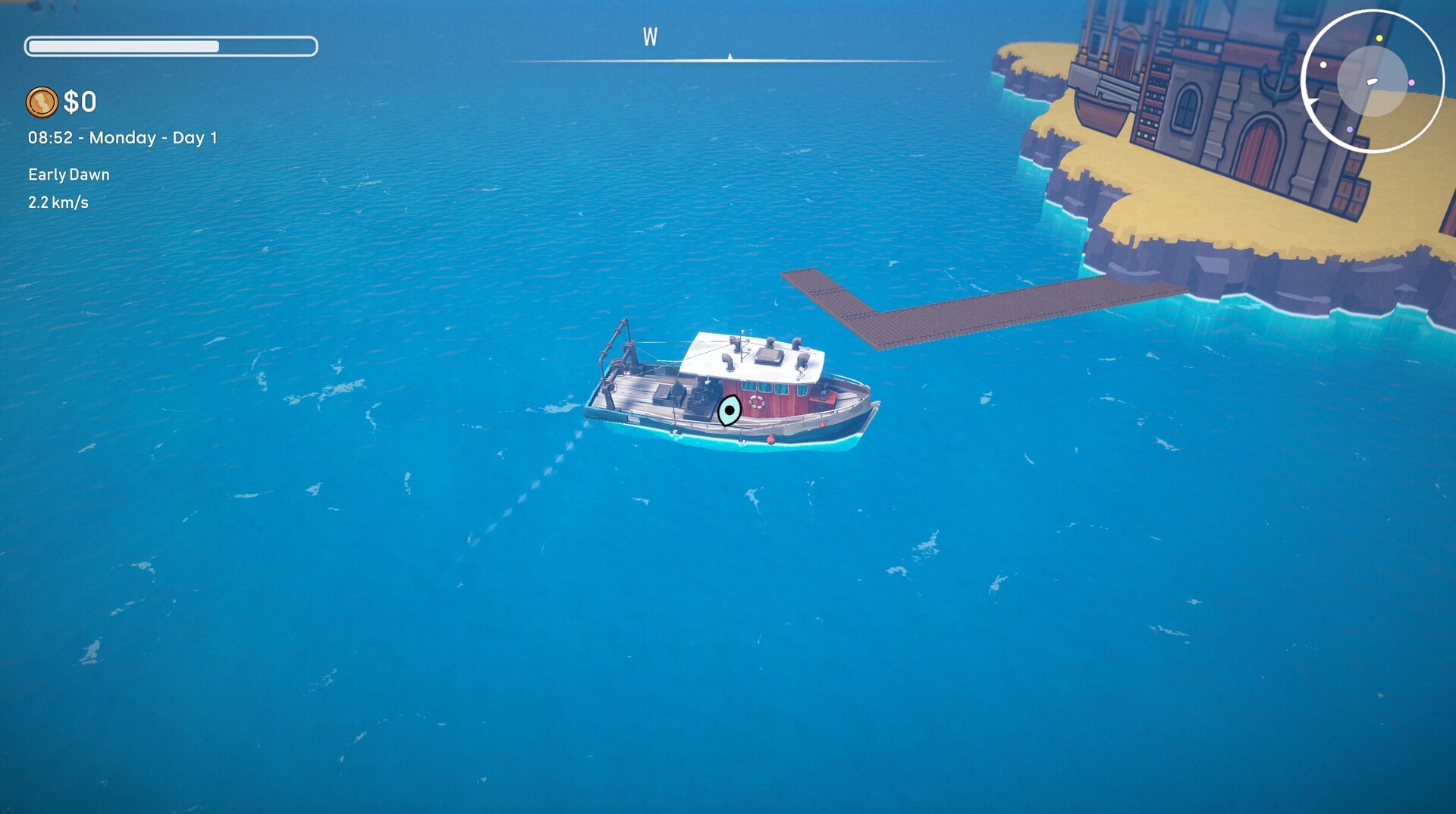 Tidebound: Fishing boat sailing near coastal building at early dawn with HUD displaying time and speed