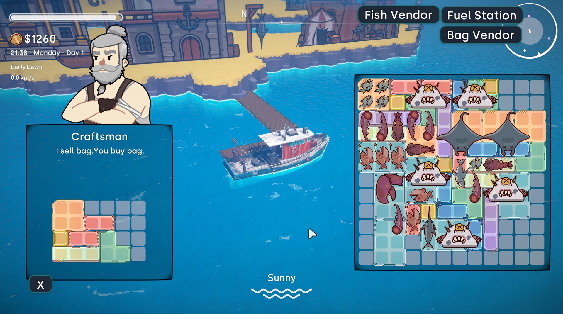 Tidebound: Craftsman offers bags to buy beside docked boat with filled inventory grid at harbor