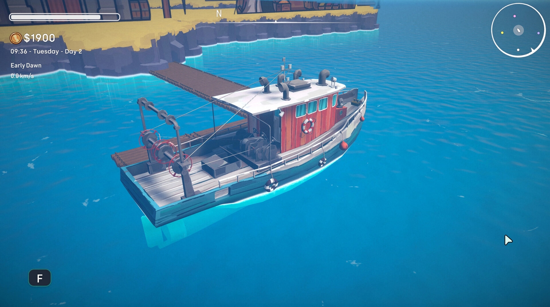 Tidebound: Fishing boat docked at pier with HUD showing time, day, speed, and currency in coastal waters