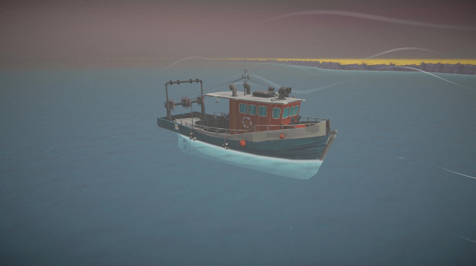 Tidebound: Fishing boat sails on calm ocean under a twilight sky with distant shoreline visible