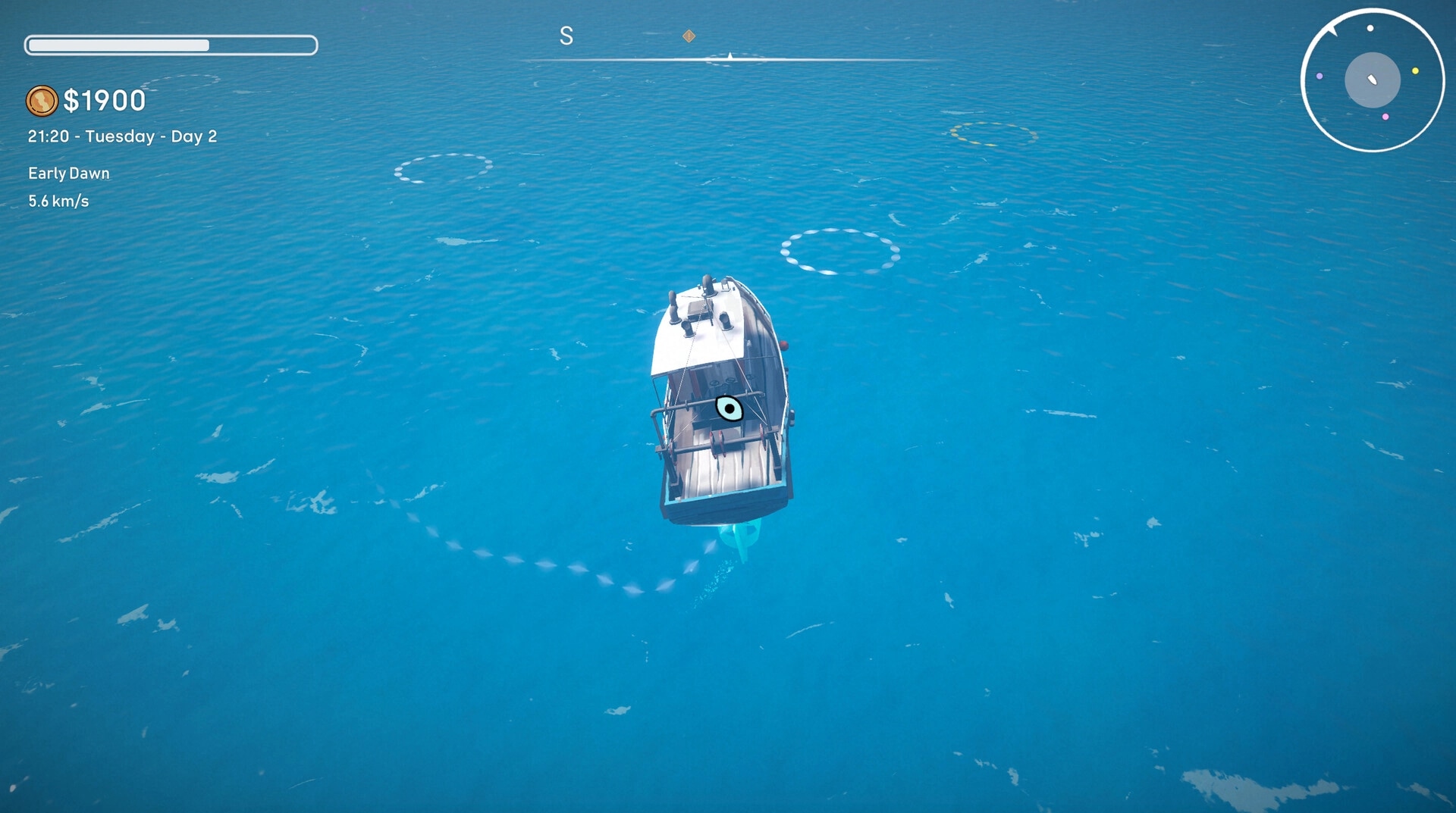 Tidebound: Boat navigating open ocean with visible UI showing time, speed, and direction indicators