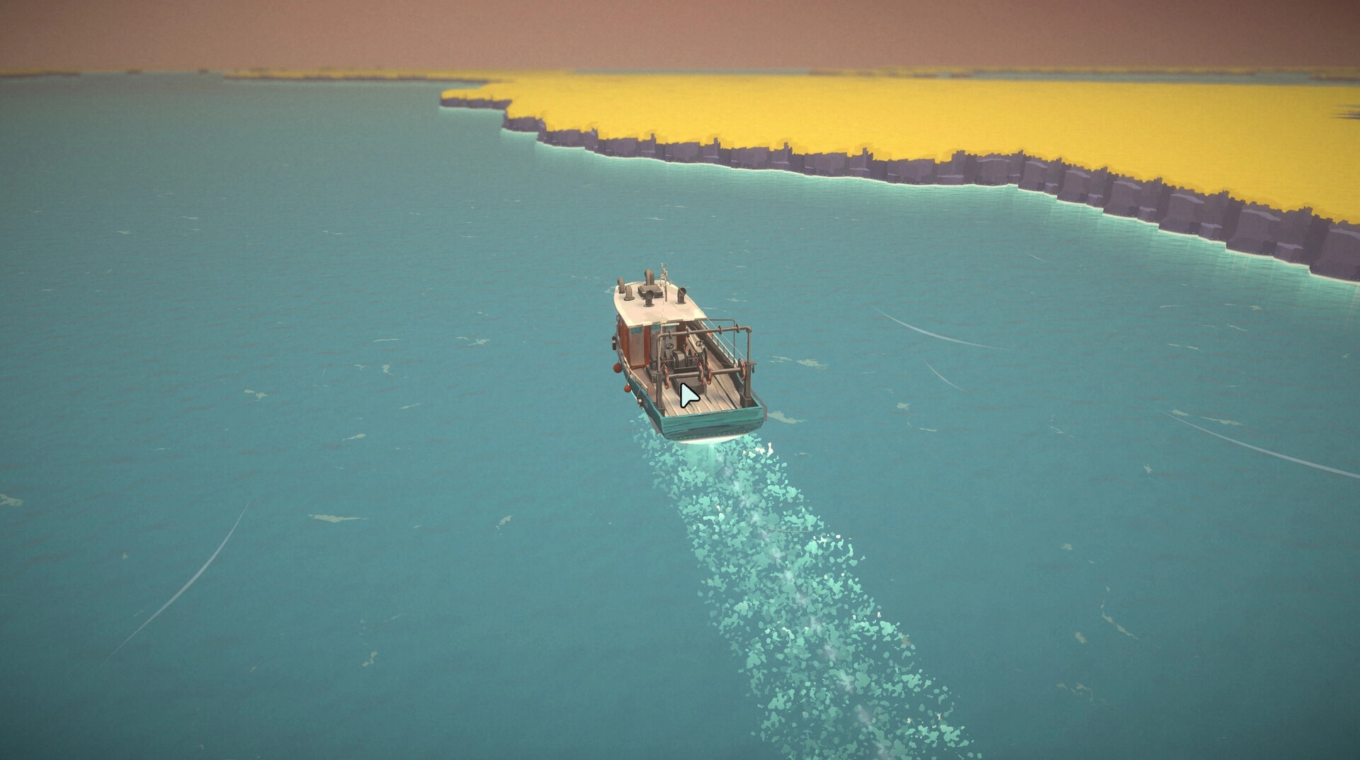 Tidebound: Small fishing boat navigating tranquil blue waters near a yellow sandy coastline