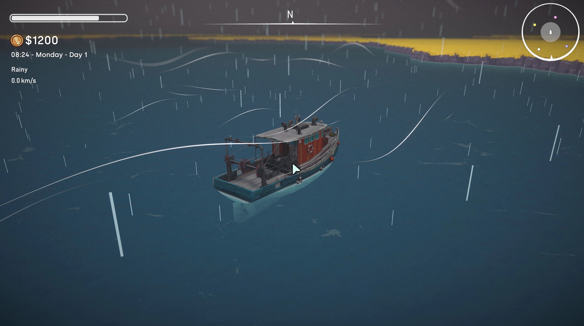 Tidebound: Fishing boat sailing in rainy weather with UI showing time, speed, and money in open sea.