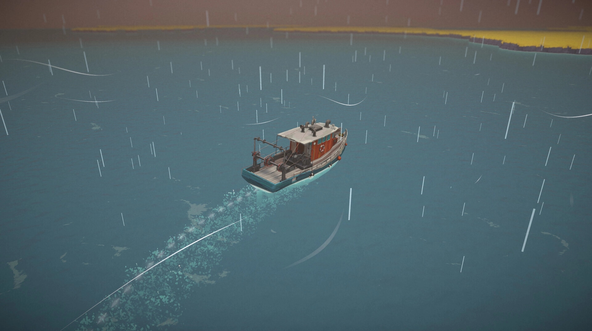 Tidebound: Fishing boat sails through rain on open sea, leaving a foamy trail behind in stormy weather.