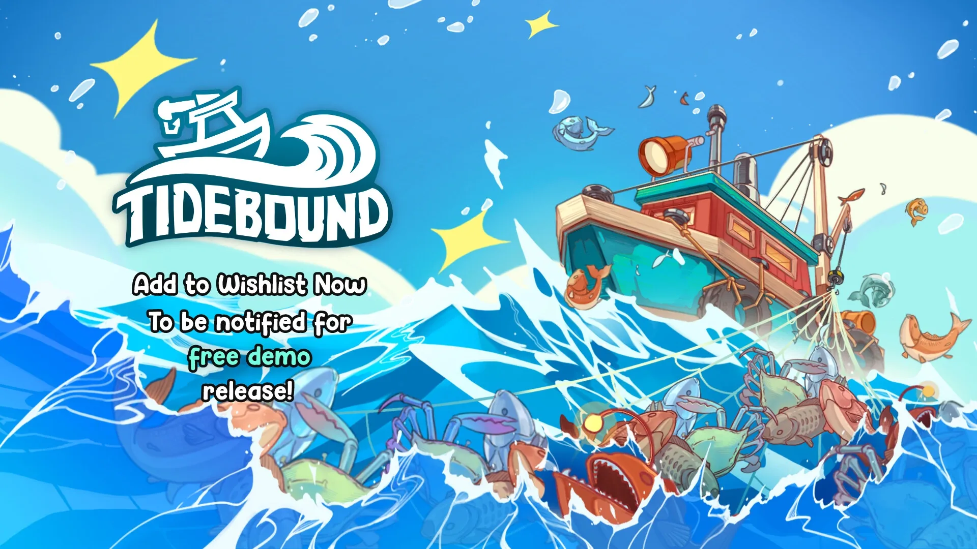 Tidebound: Colorful fishing boat with nets catching various sea creatures in a vibrant ocean setting