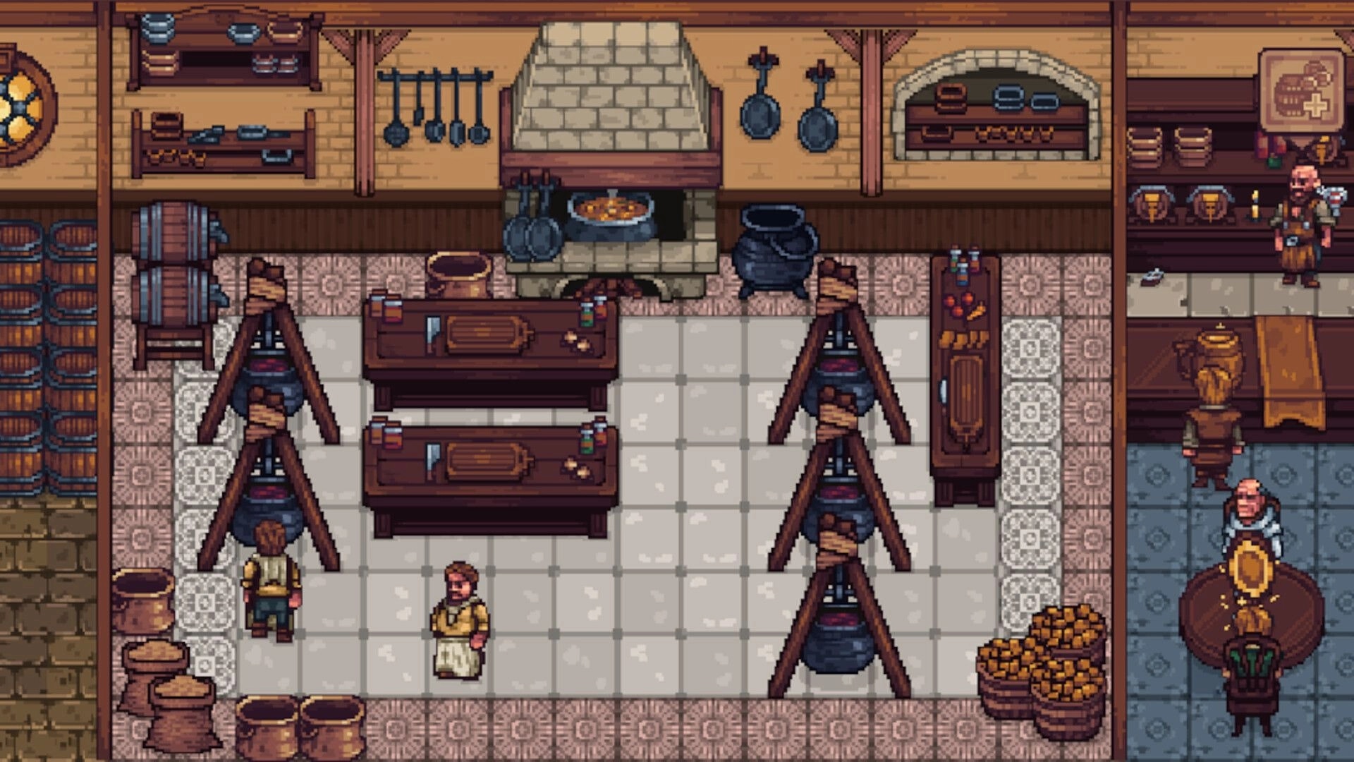 Tidehaven: Tavern interior with brewing vats, shelves, and patrons interacting in a cozy medieval setting.