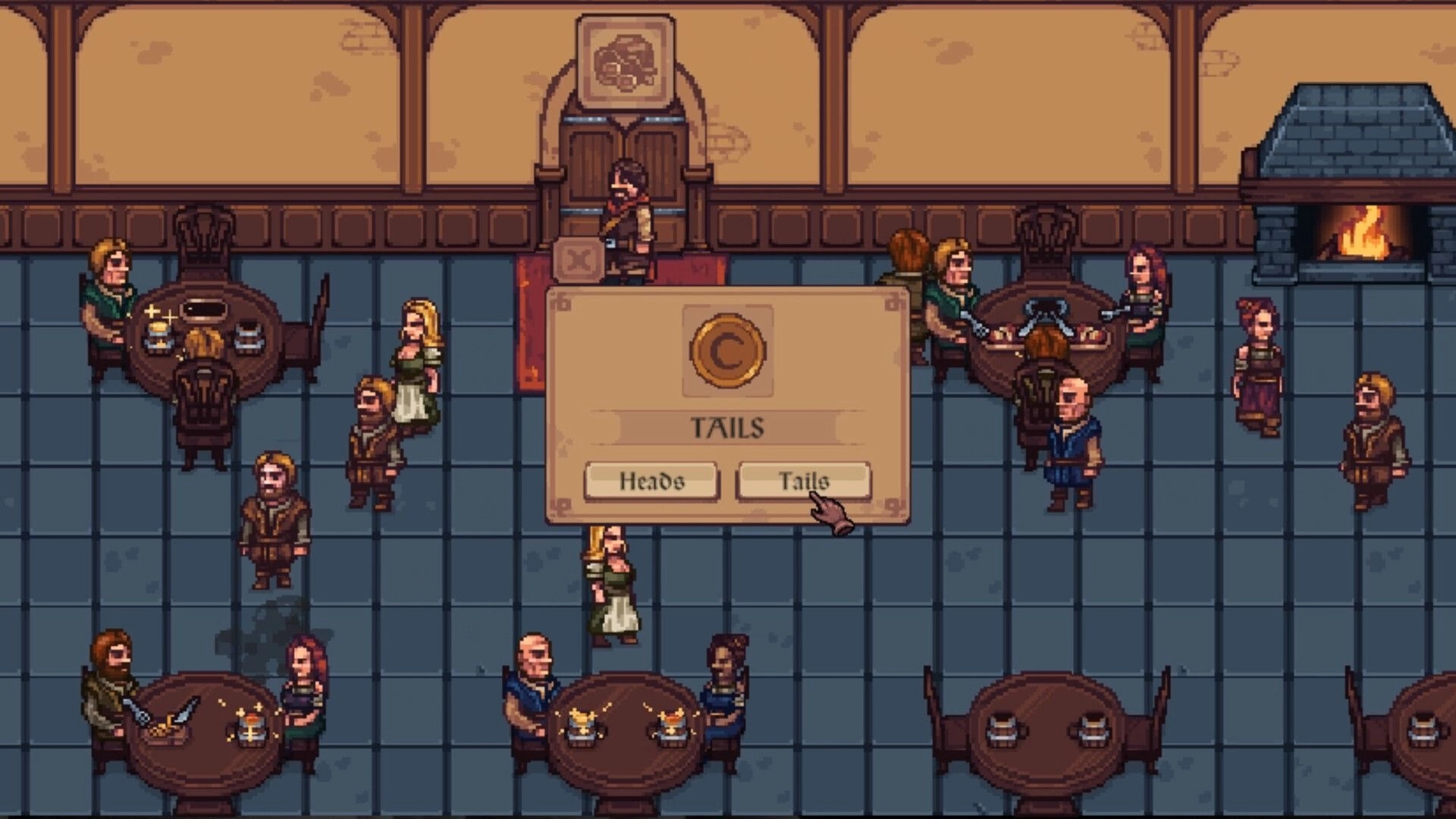 Tidehaven: Coin flip decision interface in a bustling medieval tavern with patrons and cozy fireplace.