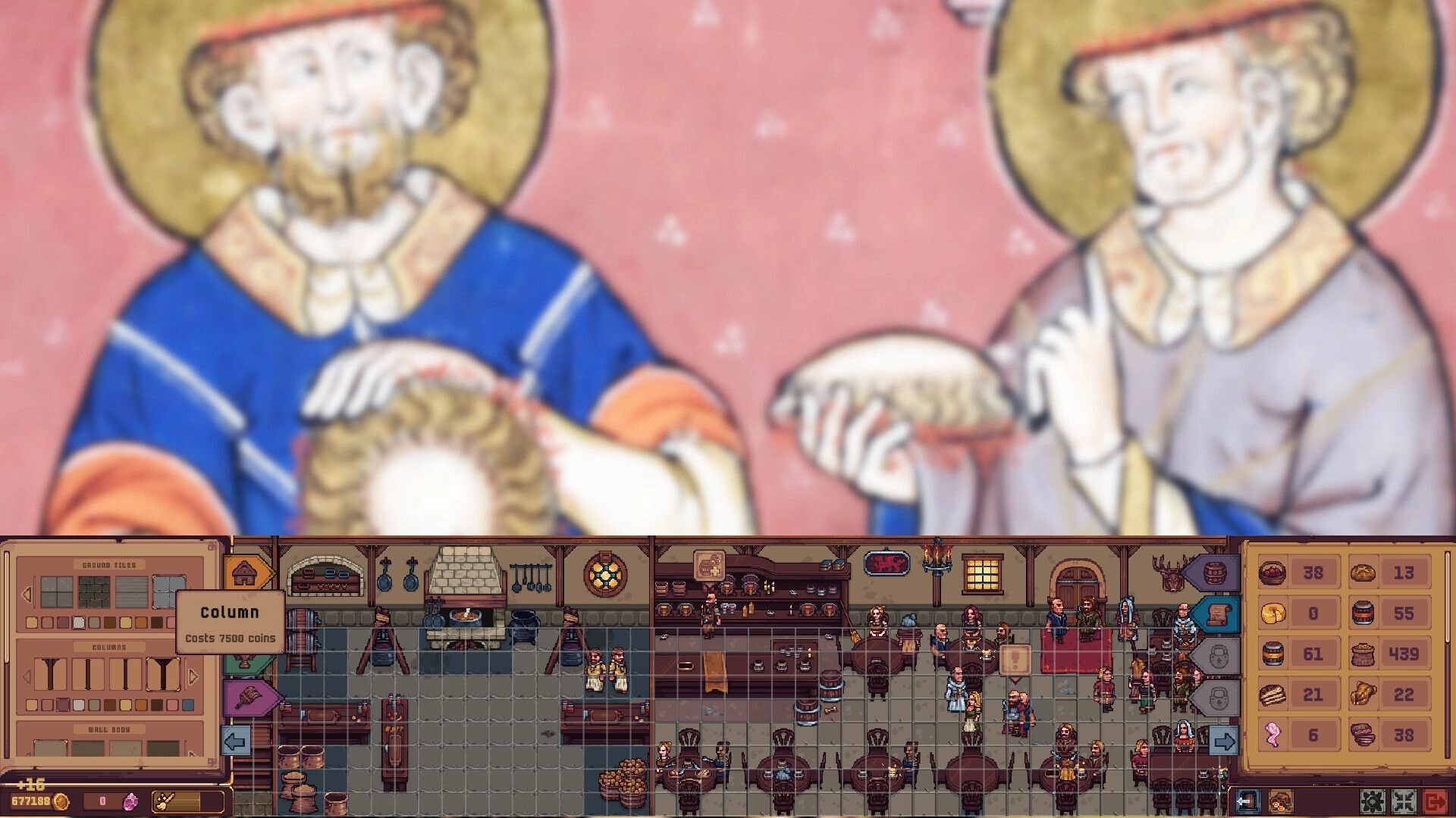 Tidehaven: Tavern interior with bustling patrons, column selection menu, and inventory stats displayed.