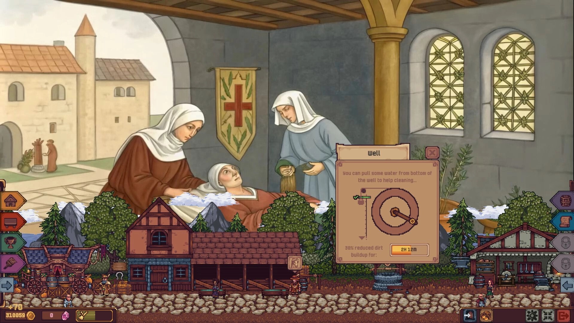 Tidehaven: Well upgrade menu over village scene with nuns tending a patient in medieval tapestry style