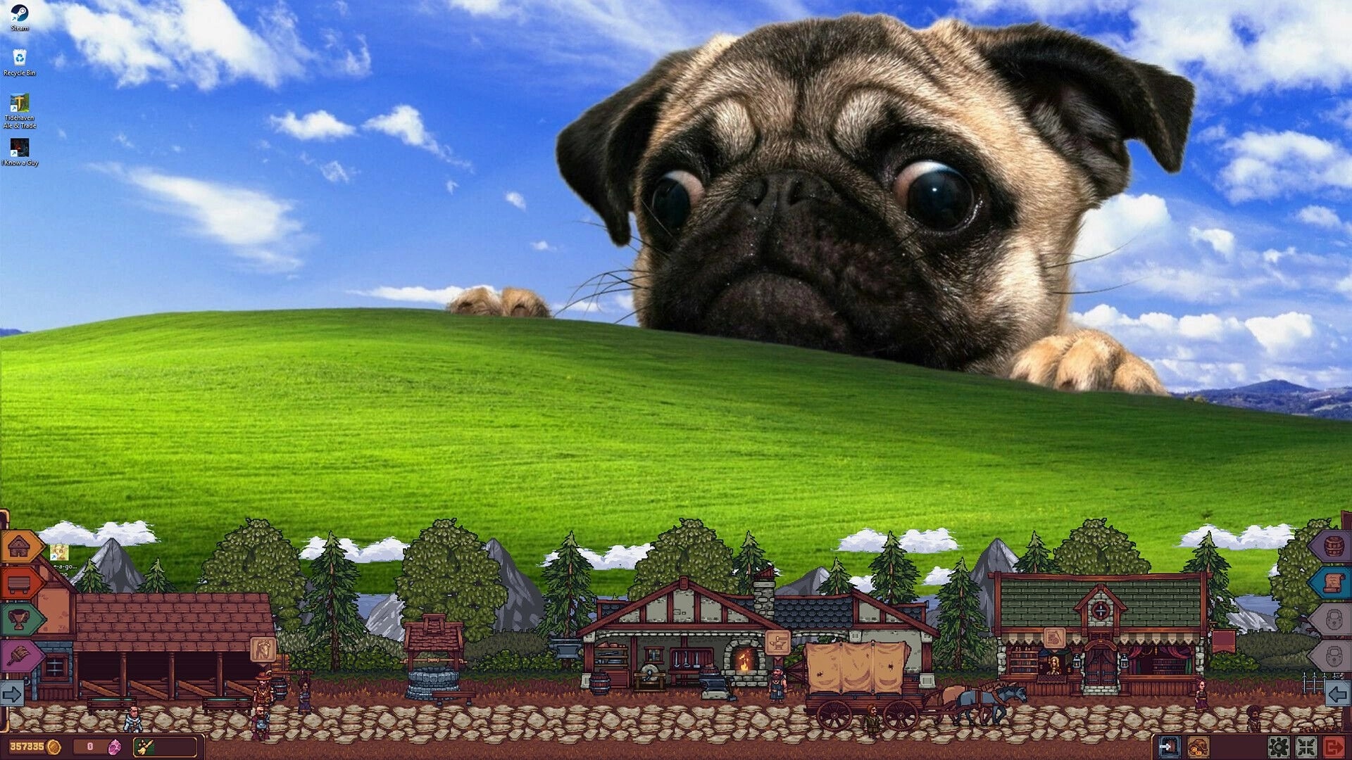 Tidehaven: Village overview with tavern, market stalls, and characters interacting in a lush, green setting