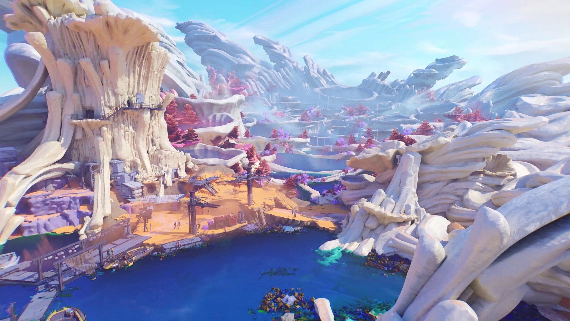 Tides of Tomorrow 🌊: Vast rocky landscape with vivid pink trees and a cliffside settlement on Elynd