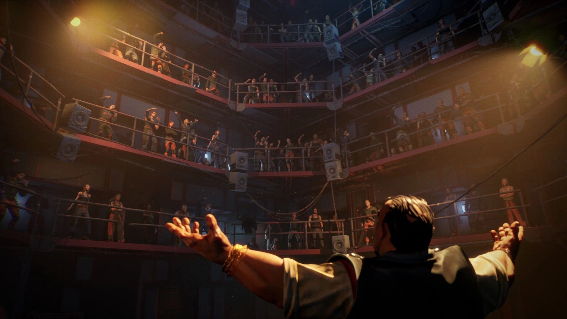 Tides of Tomorrow 🌊: A character gestures to a cheering crowd in a multi-level industrial setting.