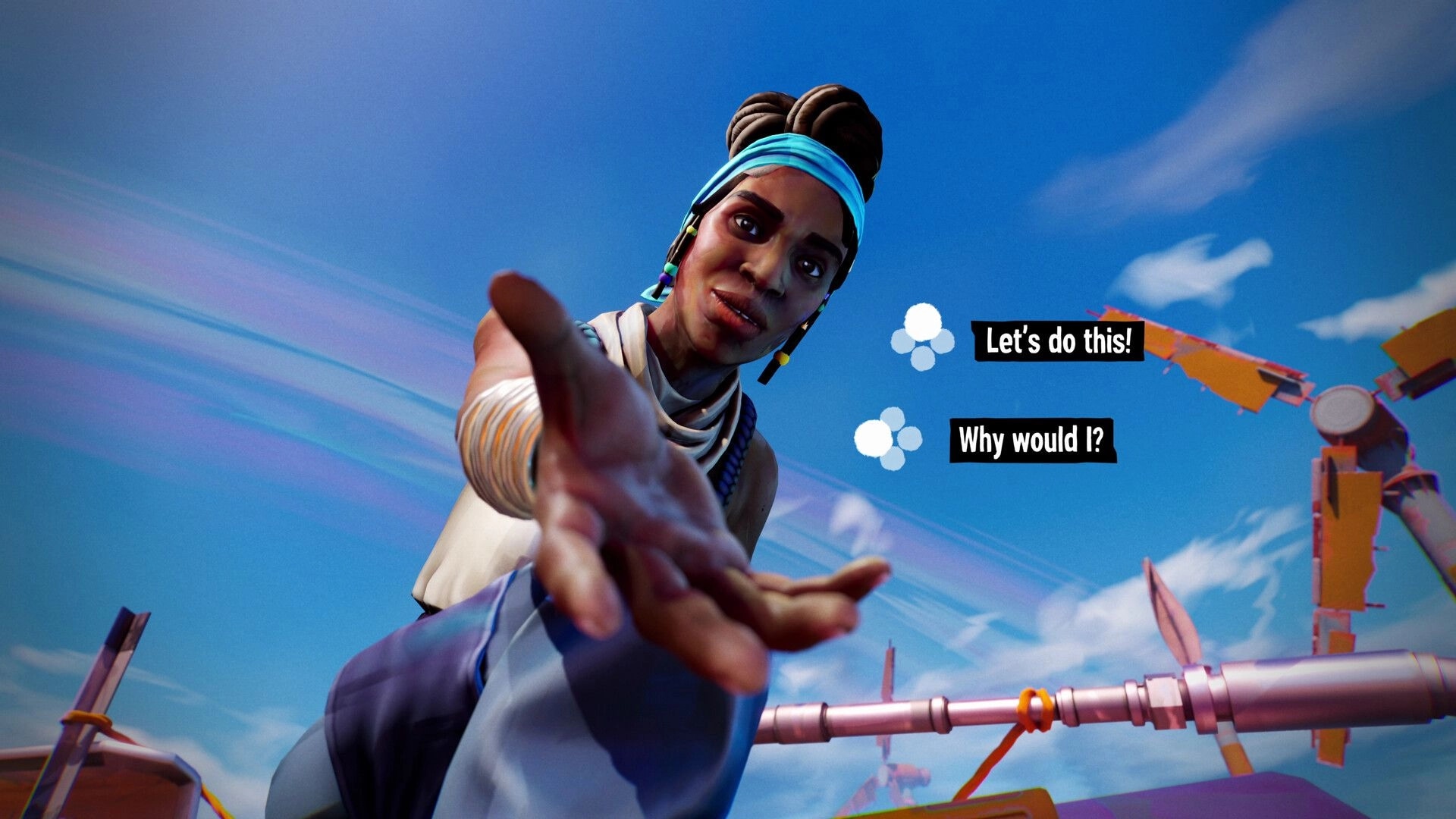 Tides of Tomorrow 🌊: Character reaching out with dialogue choices in a vibrant sky setting