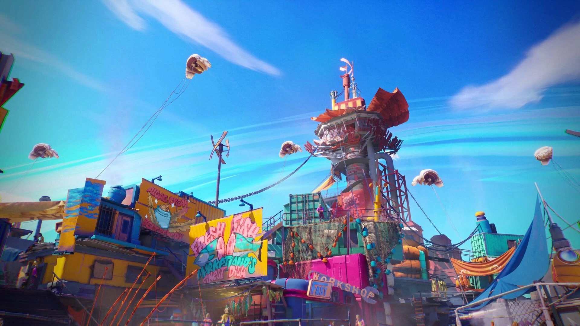 Tides of Tomorrow 🌊: Colorful market scene with vibrant signs and floating airships in a sunny sky.