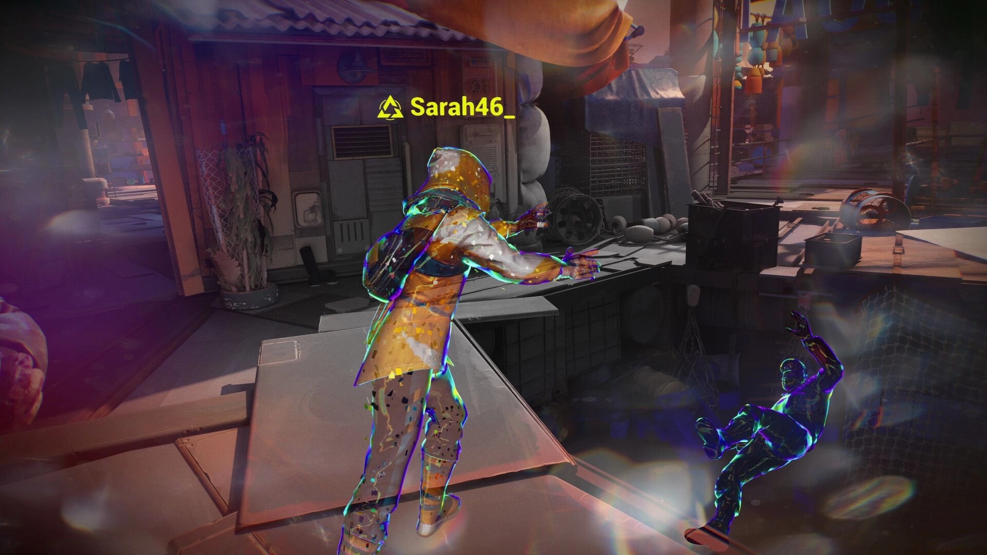 Tides of Tomorrow 🌊: Sarah46_ pushes enemy off ledge in a vibrant, industrial harbor setting.