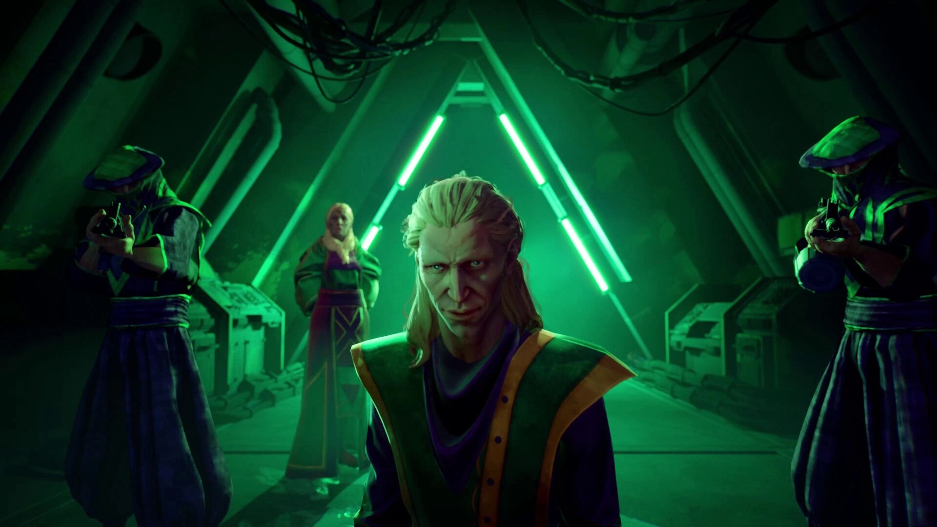 Tides of Tomorrow 🌊: Mysterious figures in futuristic chamber with glowing green lights and high-tech decor