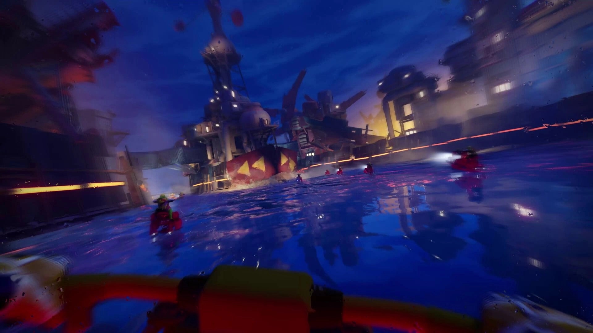 Tides of Tomorrow 🌊: Players paddle through dark waters near a brightly lit industrial structure at night.