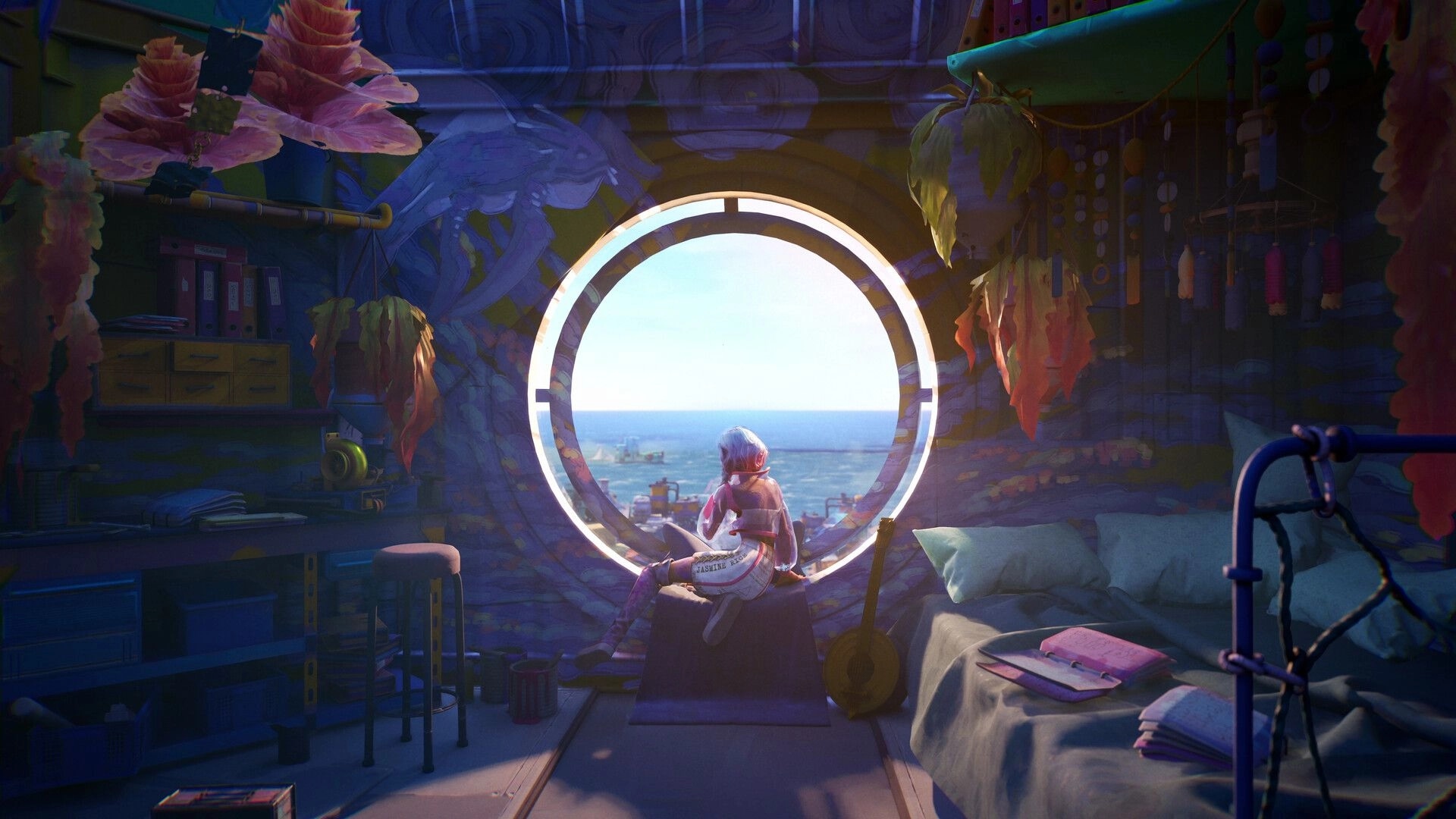 Tides of Tomorrow 🌊: Character sitting by a round window, overlooking a vibrant ocean scene in a cozy room.