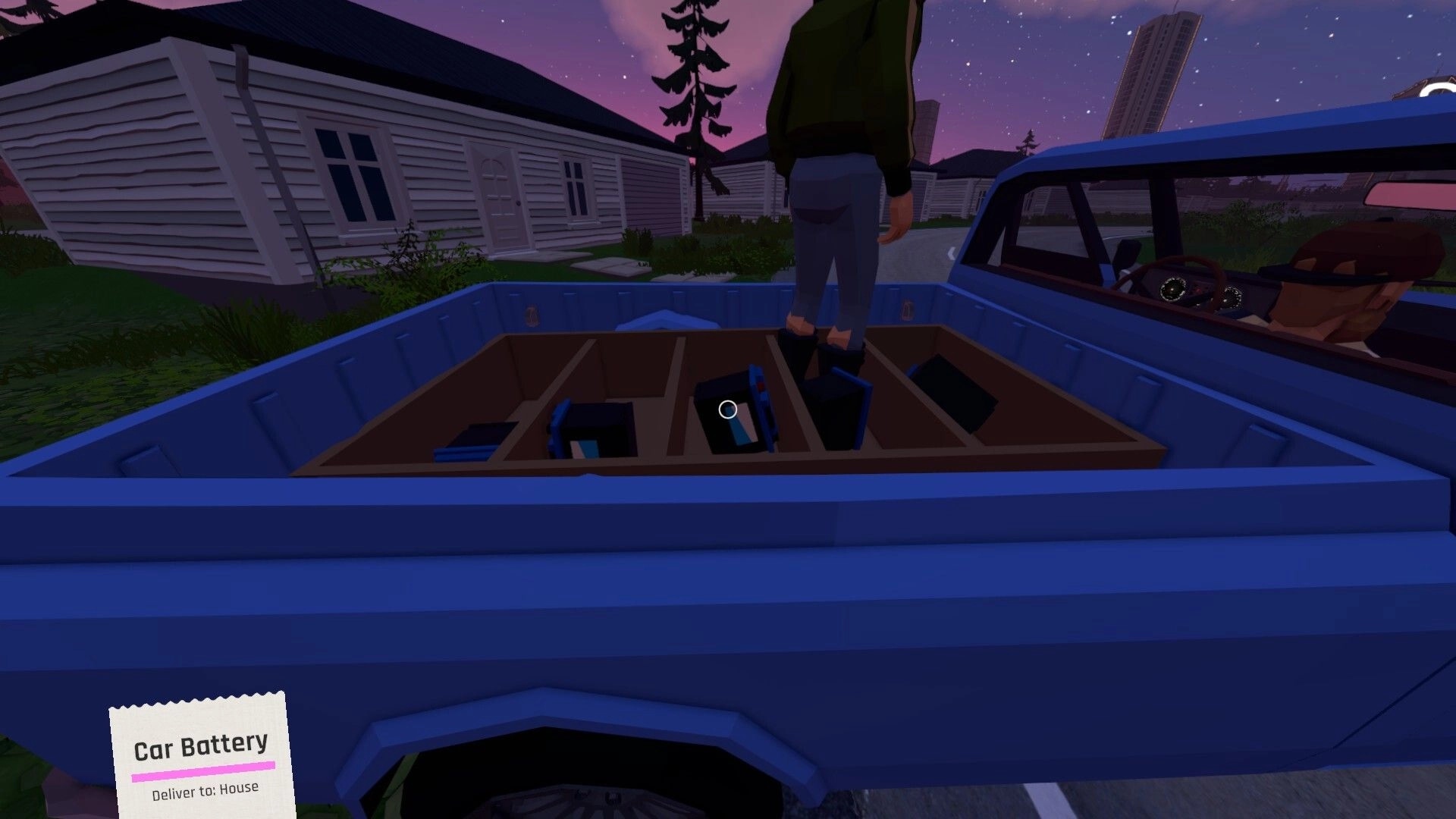 Tie Down: Player stands in pickup bed with cargo slots and car battery delivery tag in suburb at dusk.