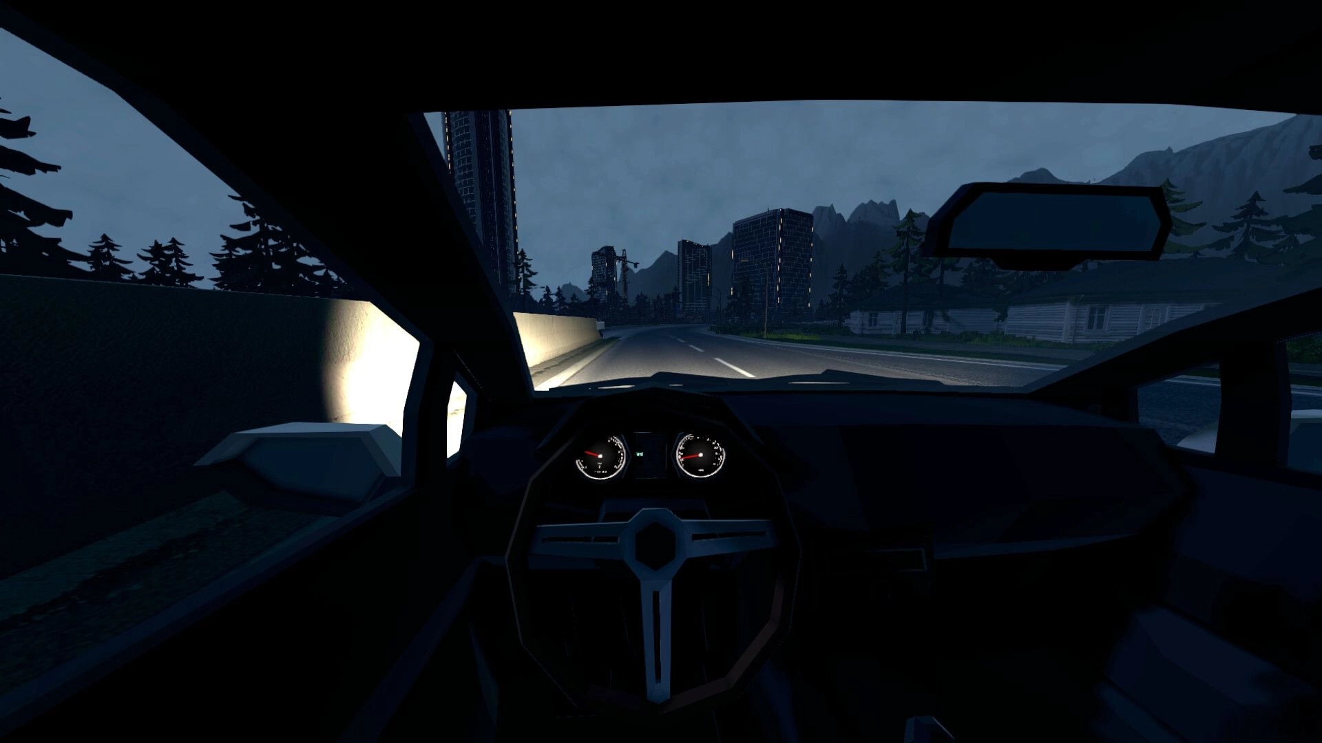 Tie Down: First-person view driving car on highway toward city towers at dusk, dashboard gauges visible.