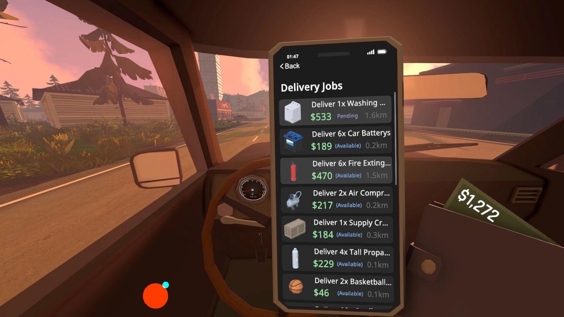 Tie Down: Delivery Jobs list open on phone UI while driving down a rural road at sunset.