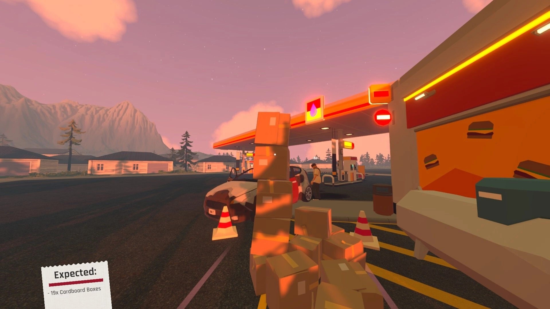 Tie Down: Stacked cardboard boxes by a gas station with car at pump and delivery note UI at dusk.