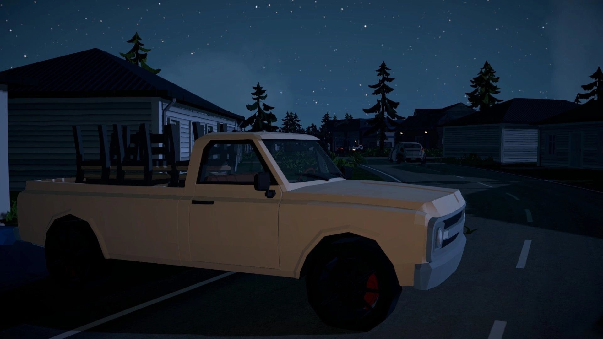 Tie Down: Beige pickup truck parked on a suburban street at night under a starry sky.