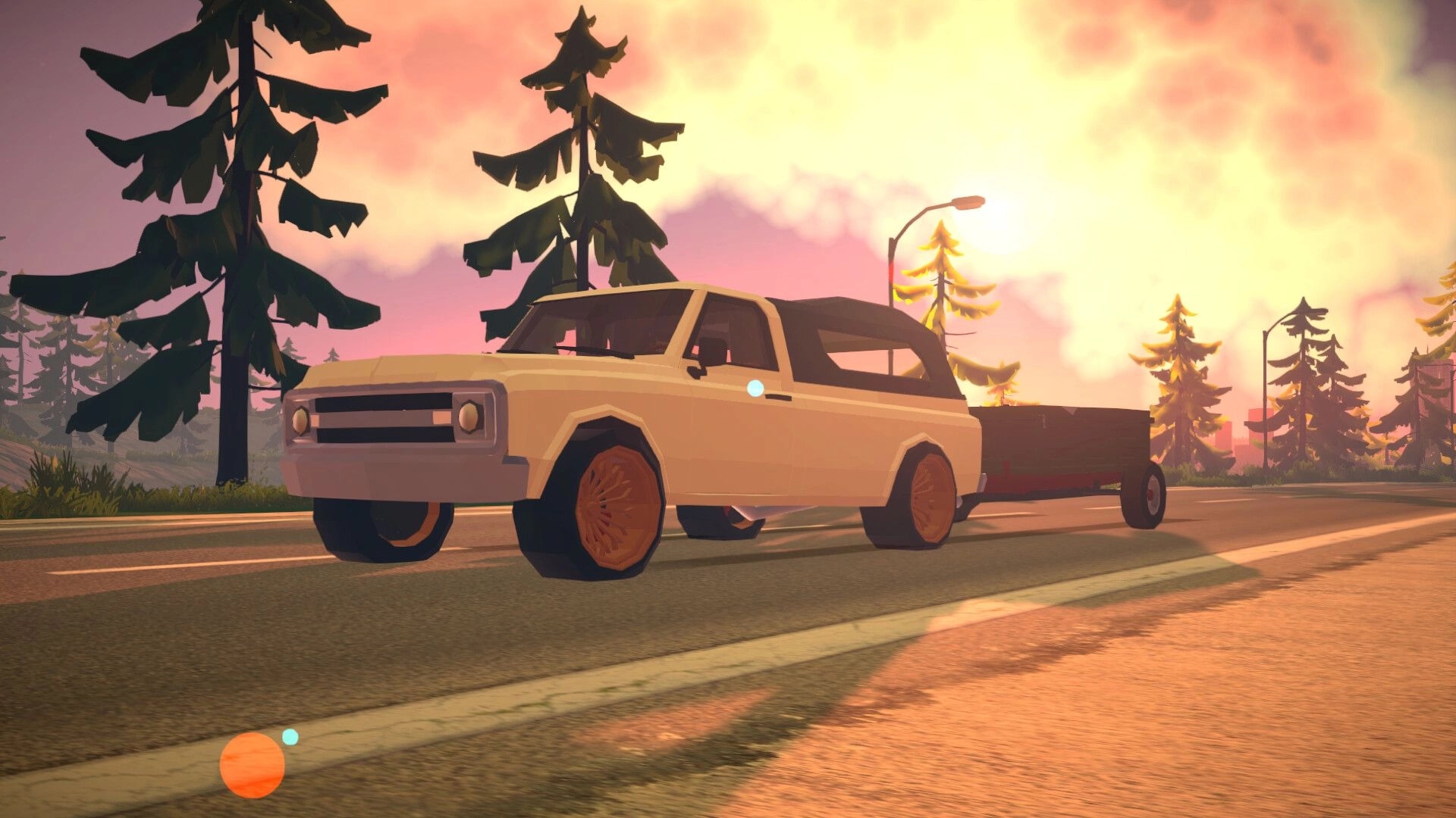 Tie Down: Beige pickup towing a flatbed trailer on a forest highway at sunset with no HUD visible.
