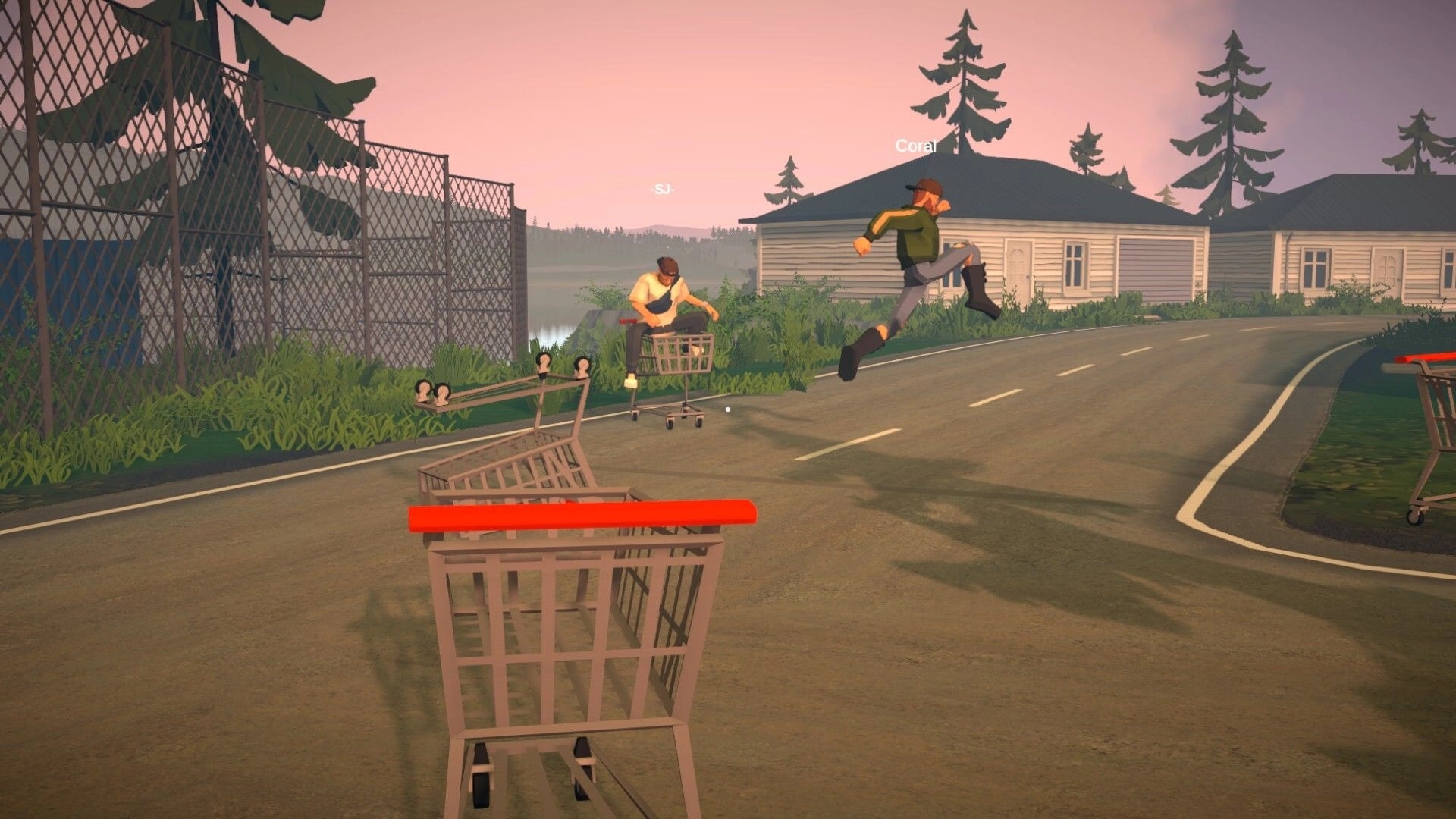 Tie Down: Players jump over shopping carts on a road by houses and fence, name tags visible.