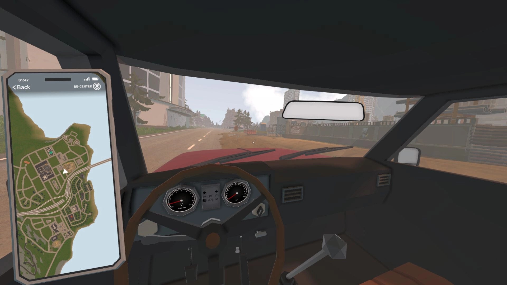 Tie Down: First-person driving view with map app open, cruising a city road past fences and trees.