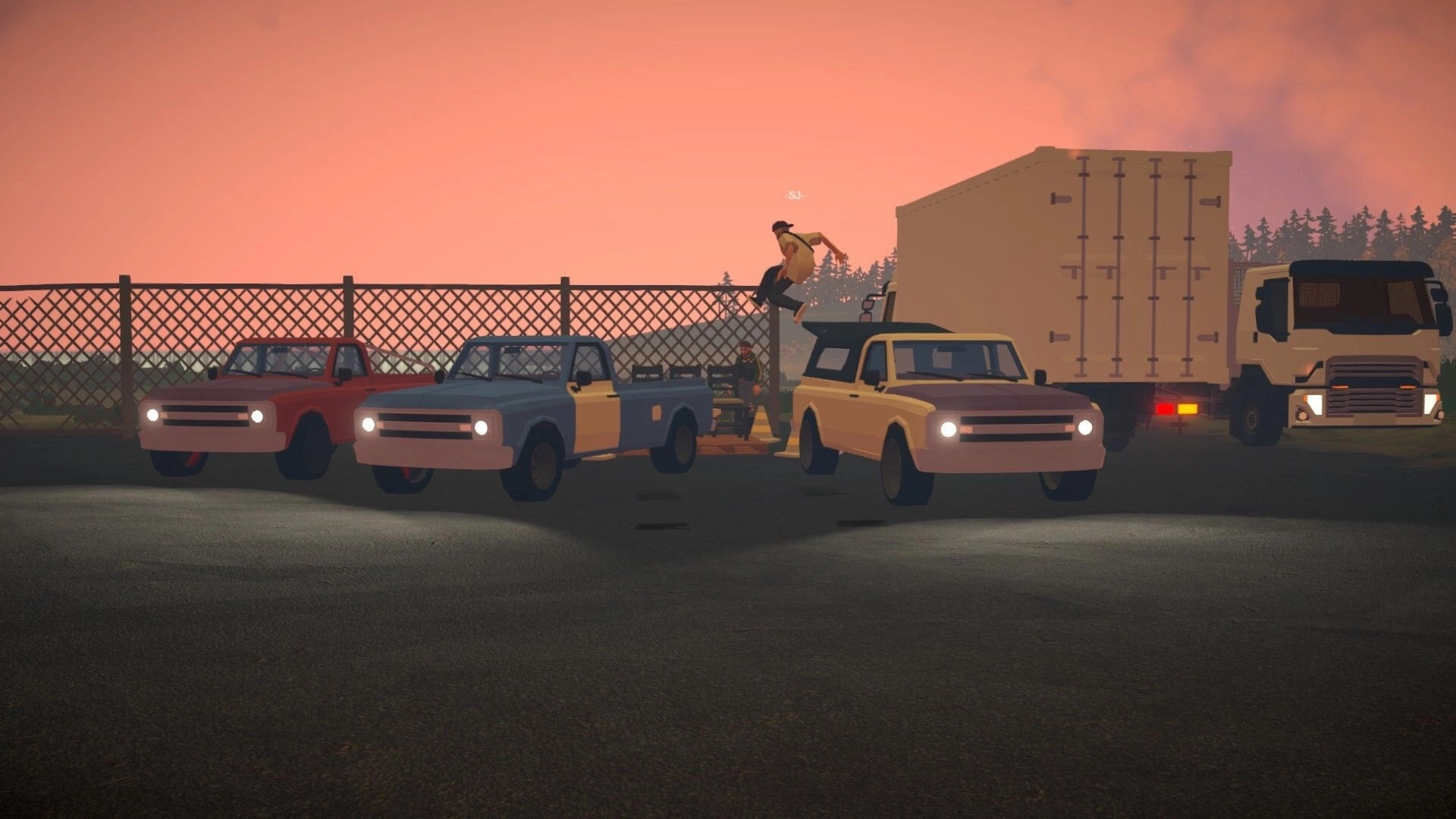 Tie Down: Player avatar jumping on a pickup beside parked trucks in a fenced lot at sunset.