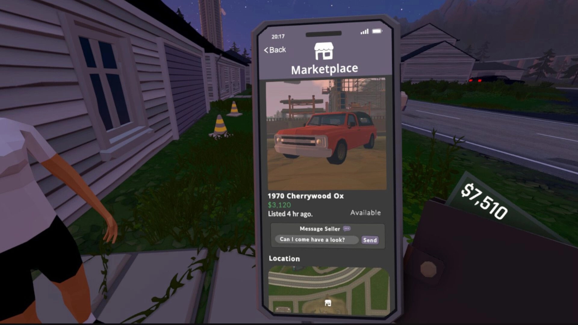 Tie Down: Marketplace phone listing a red SUV for $3,120 beside suburban street at dusk.
