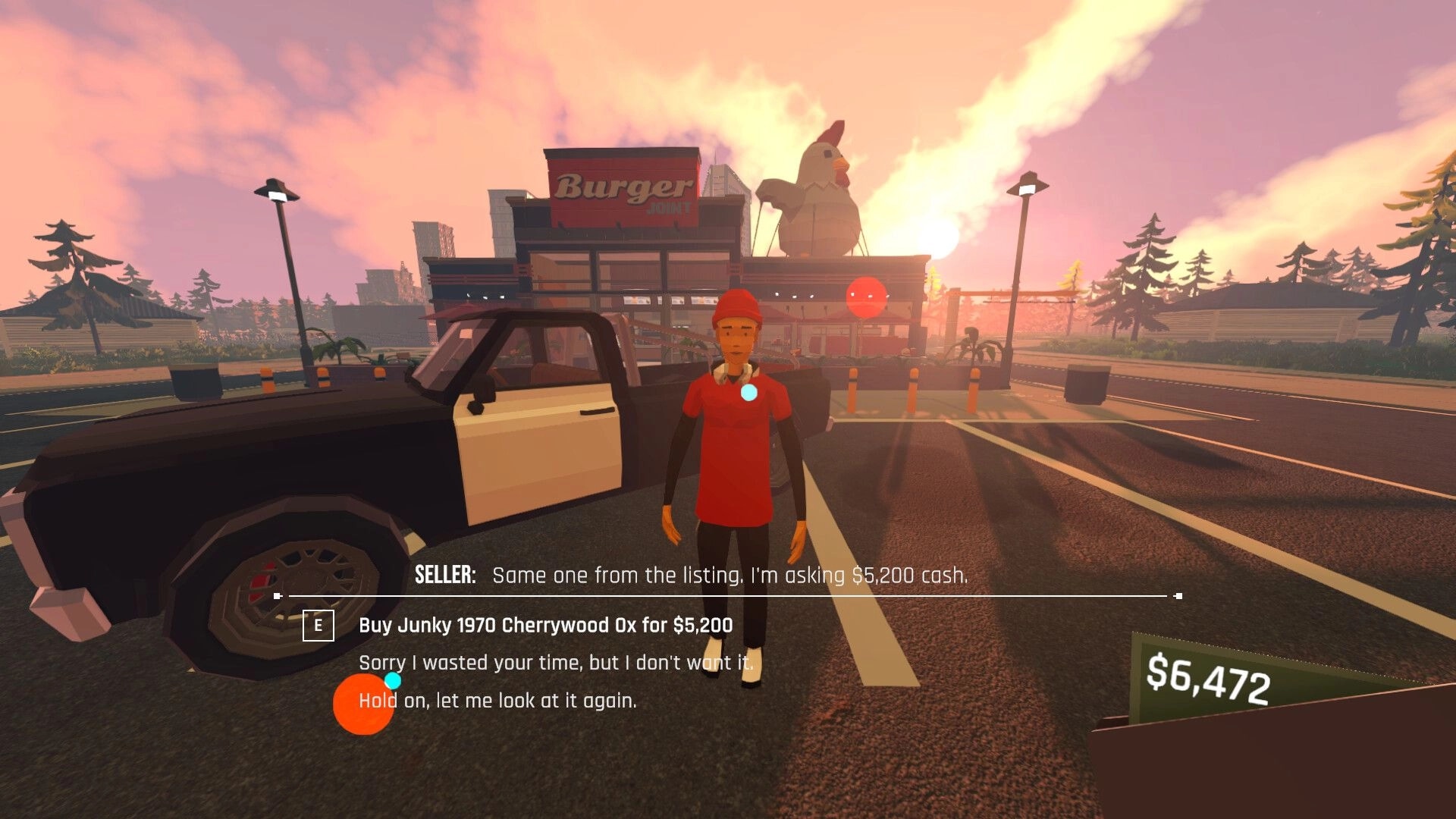 Tie Down: Negotiating to buy a junky pickup from seller in parking lot outside Burger Joint at sunset.