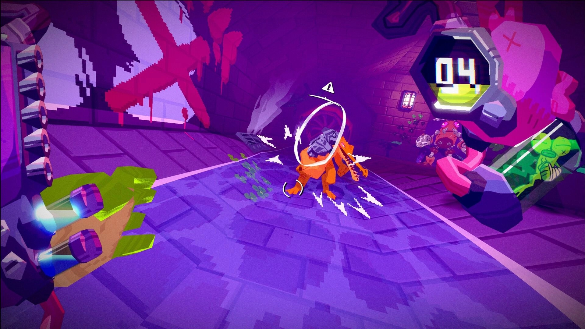 TIL THEY CROAK: First-person melee strike on orange enemy in purple sewer tunnel, timer reads 04.