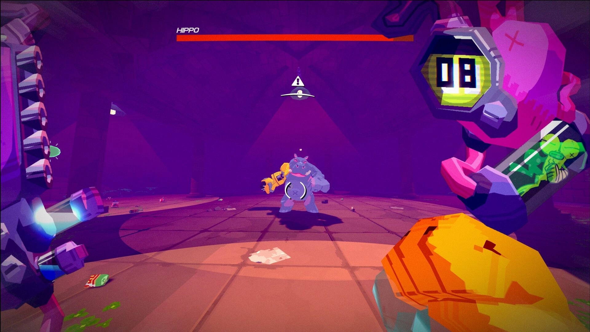 TIL THEY CROAK: First-person brawl versus HIPPO boss in purple arena, health bar and crosshair UI.